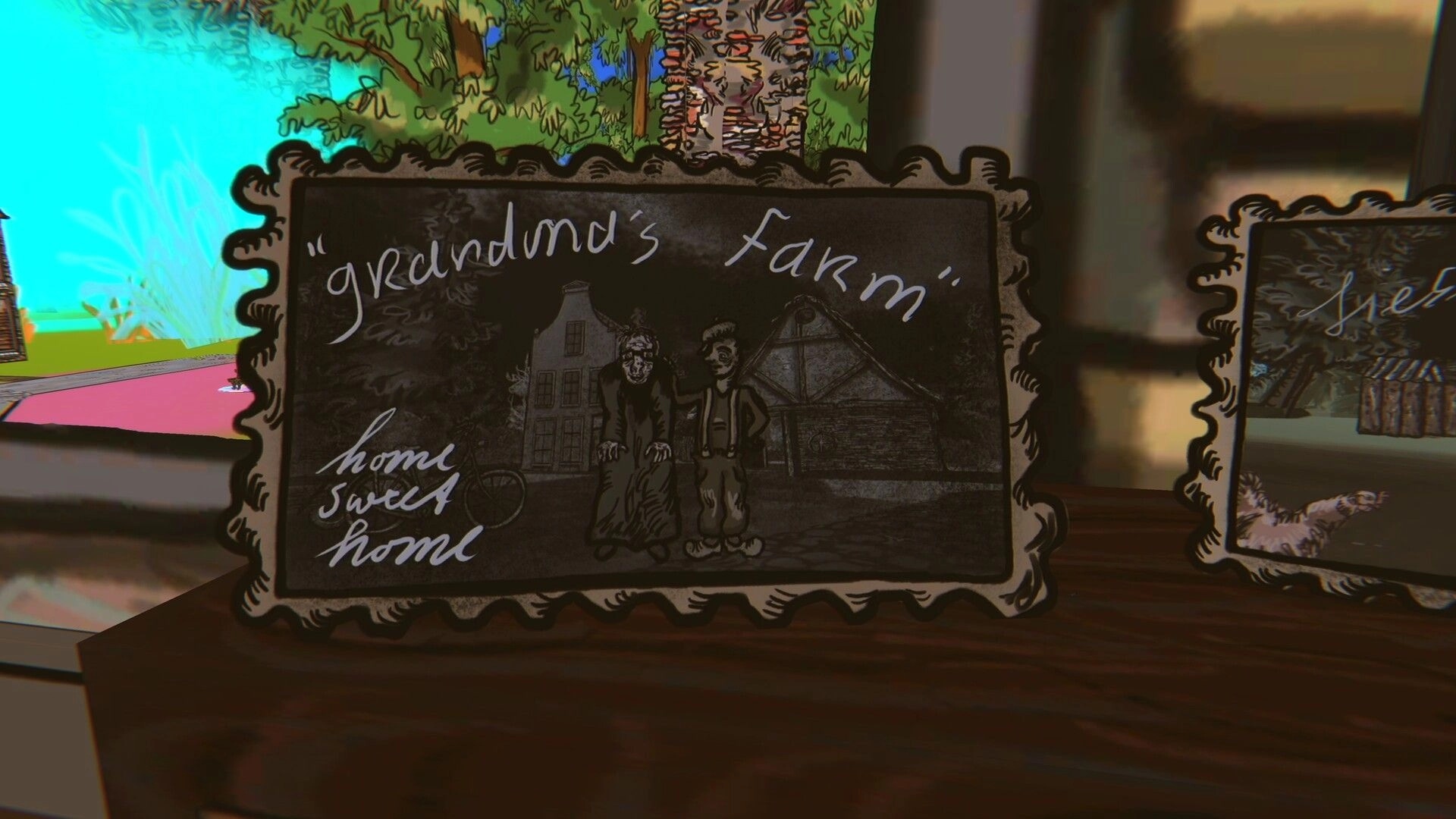 Sketchy Fables: Framed chalk drawing reading “grandma’s farm” on a wooden table in a cozy room.