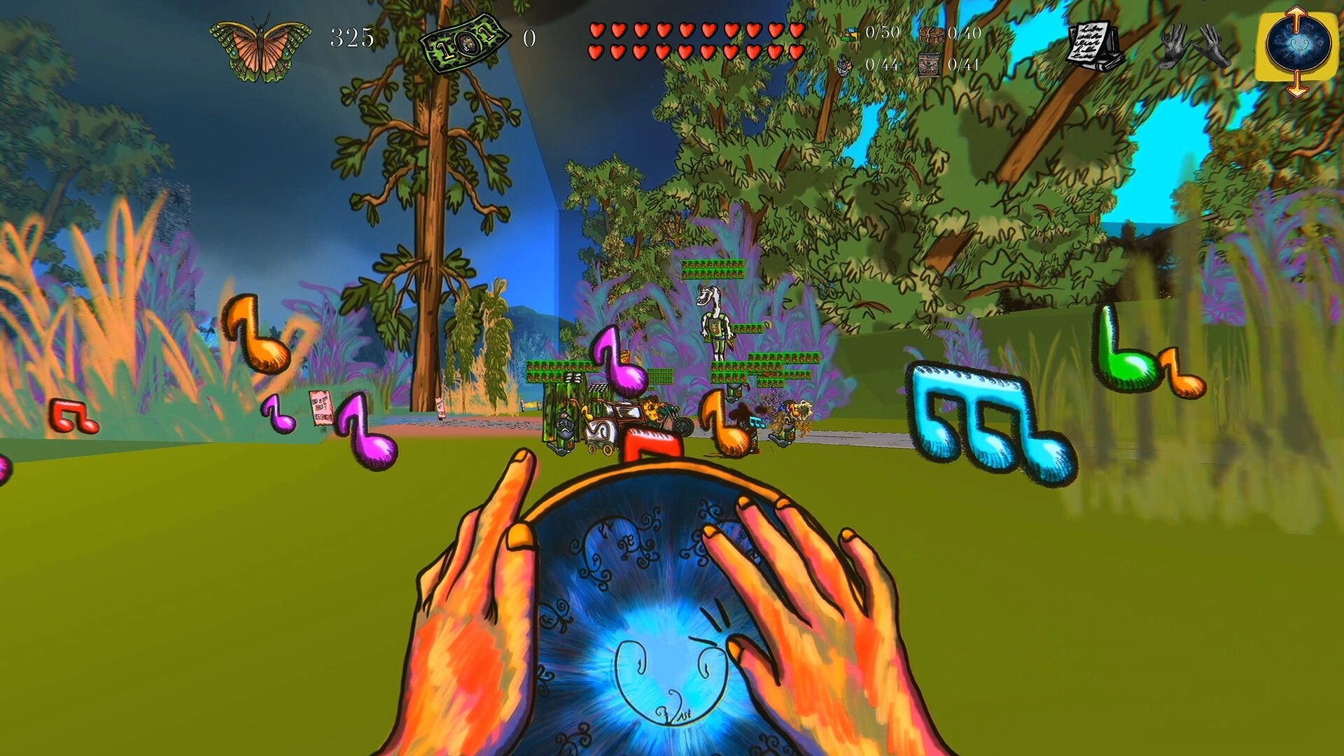 Sketchy Fables: First-person hands holding a drum amid floating music notes in a bright forest level.