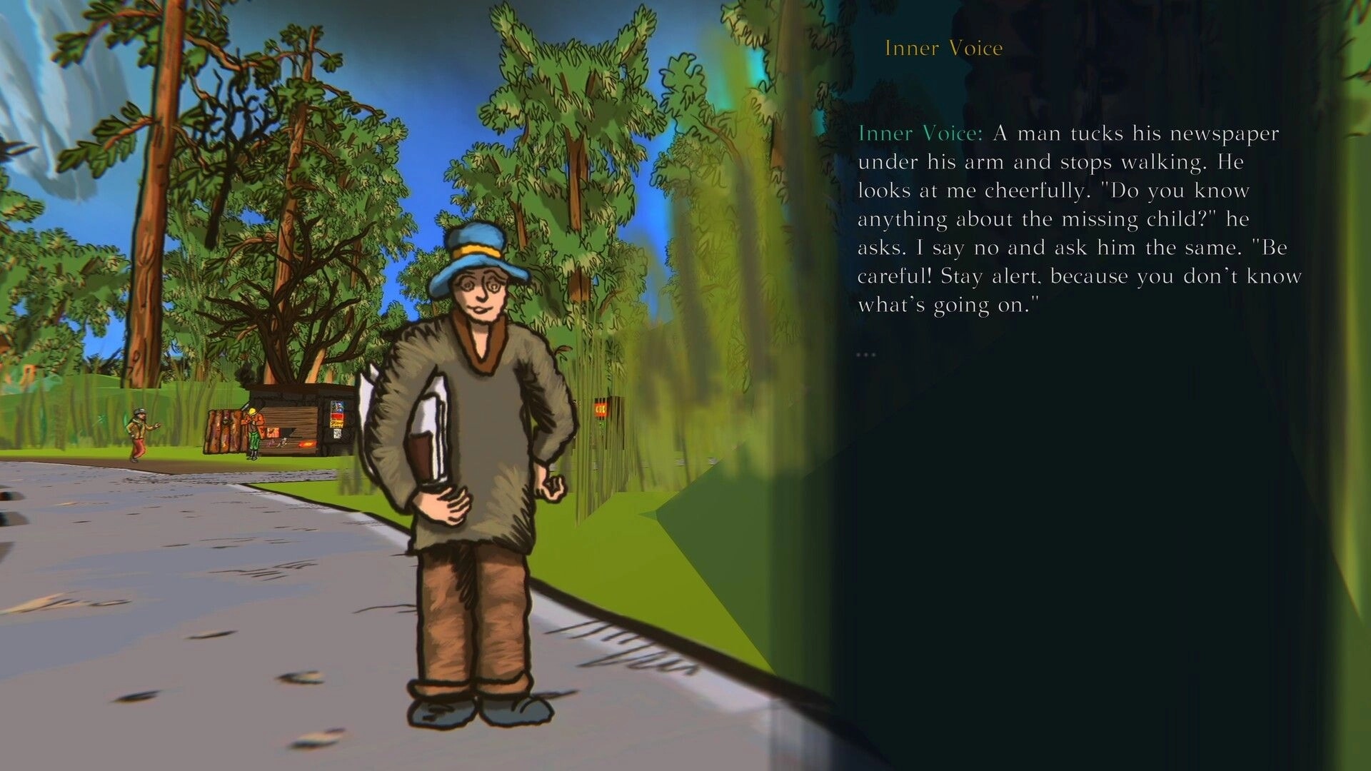 Sketchy Fables: Dialogue with a newspaper man on a forest road, Inner Voice text overlay on right.