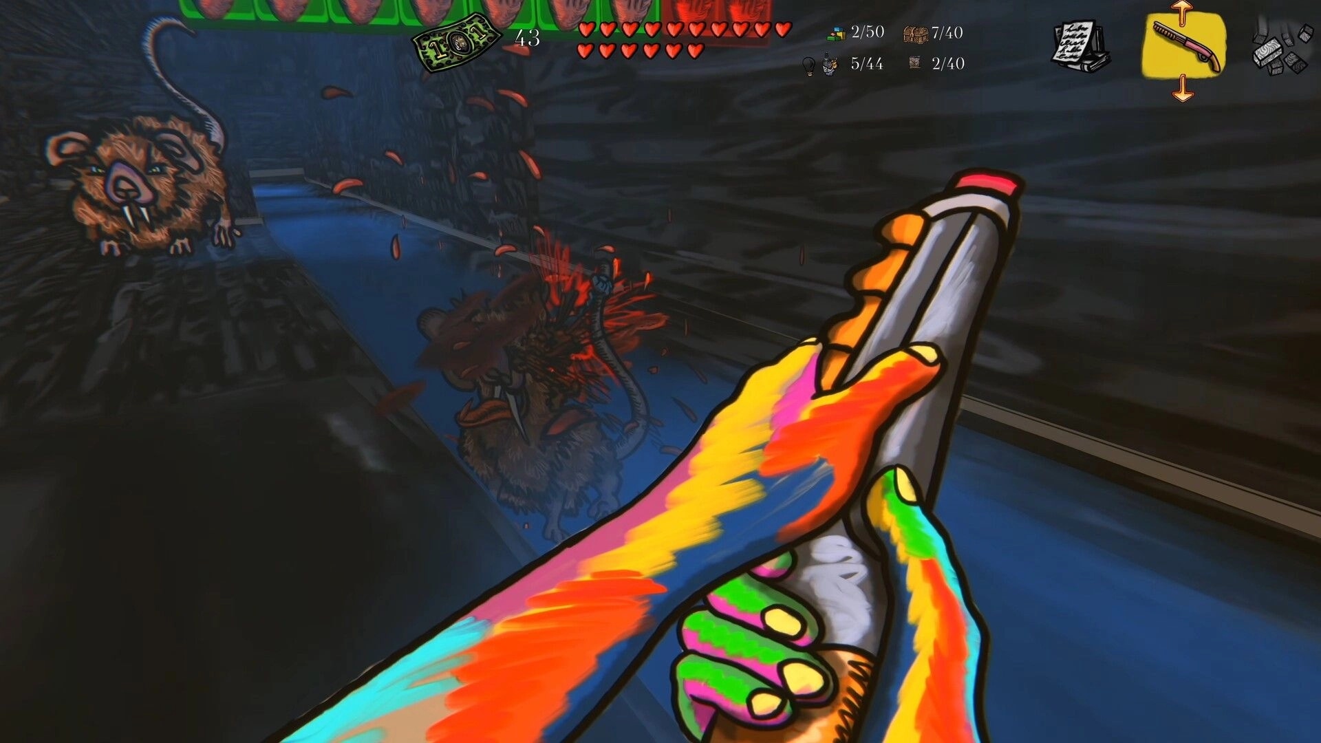 Sketchy Fables: First-person spray can attack on a rat in a dark sewer tunnel with heart UI meter.