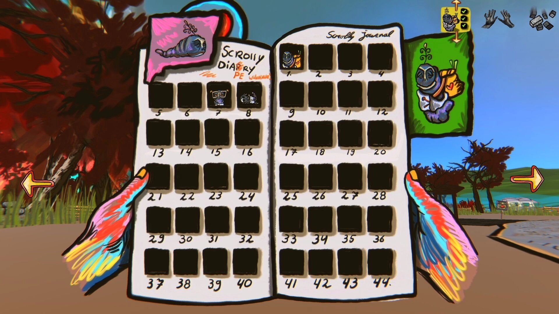 Sketchy Fables: Scrolly Diary journal menu with numbered slots open over a sunny park path and trees.