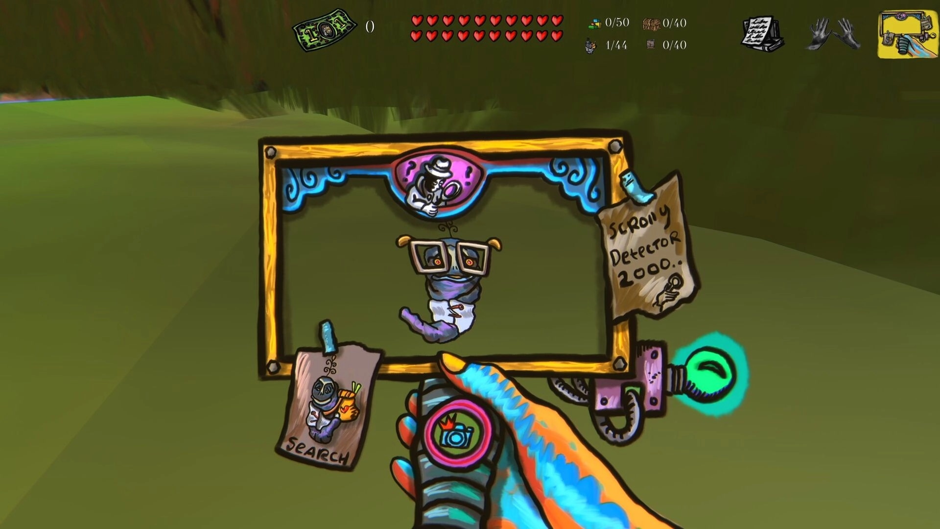 Sketchy Fables: Player aims a Scrolly Detector 2000 at a worm clue in grassy hills HUD hearts visible.