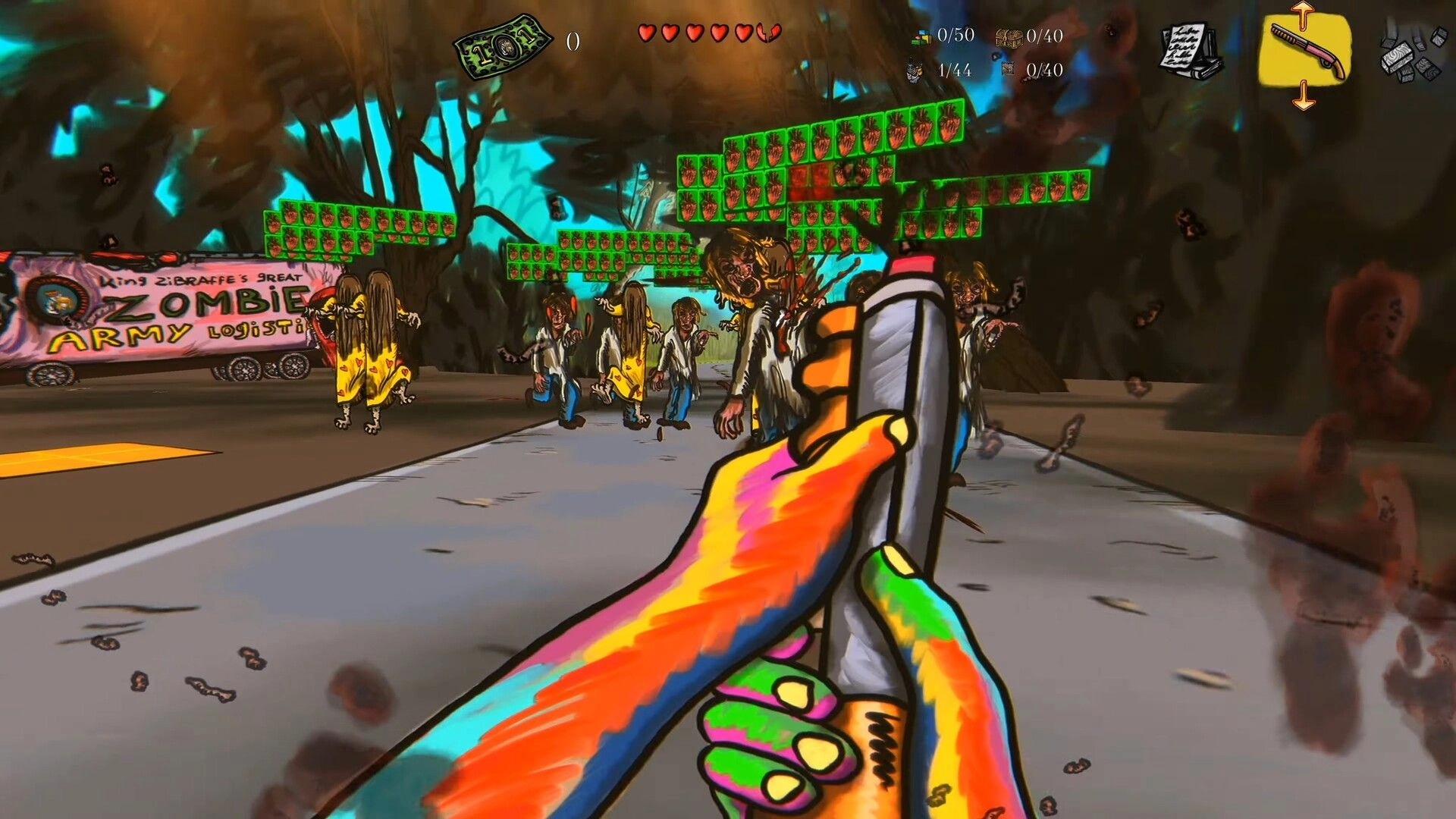 Sketchy Fables: First-person spray can aimed at zombies on a road beside a hand-drawn forest truck.