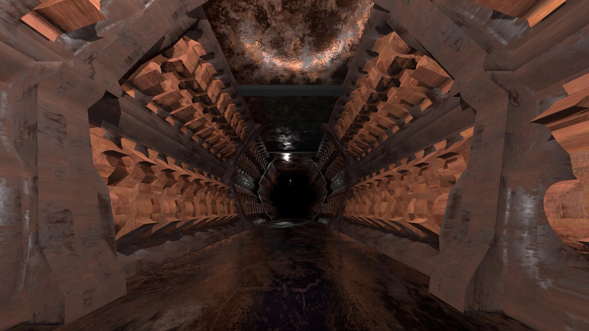 Skill Issue: First-person sprint through a rusty tunnel lined with spinning gear-like traps and spikes.