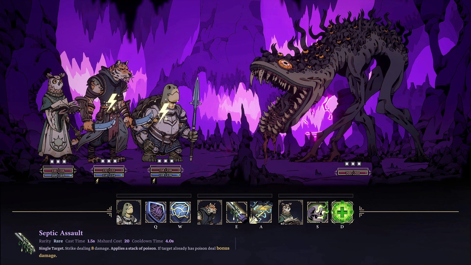 Skills & Raids: Party faces a many-eyed monster in a purple cave, with skill hotbar and HP bars.