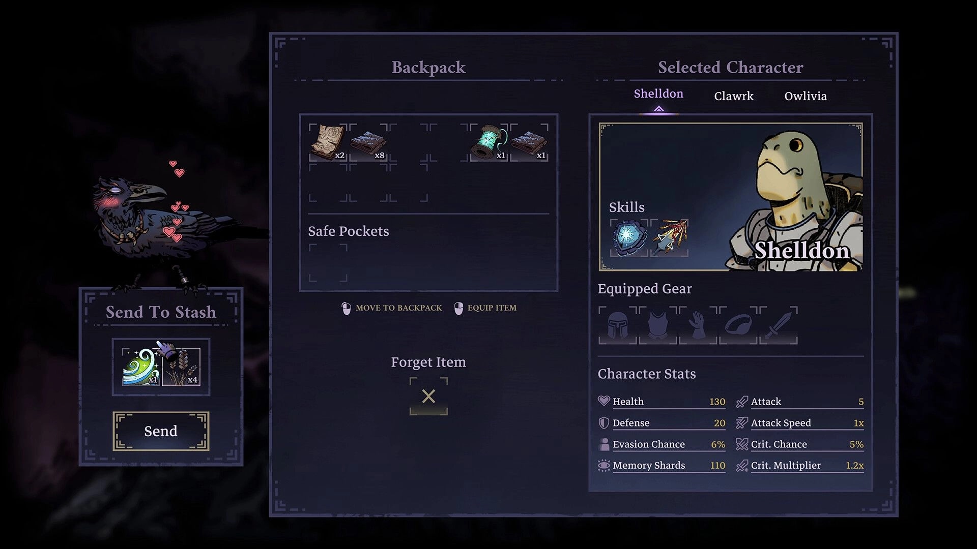 Skills & Raids: Inventory and character panel for Shelldon, backpack slots, gear and stats menu.