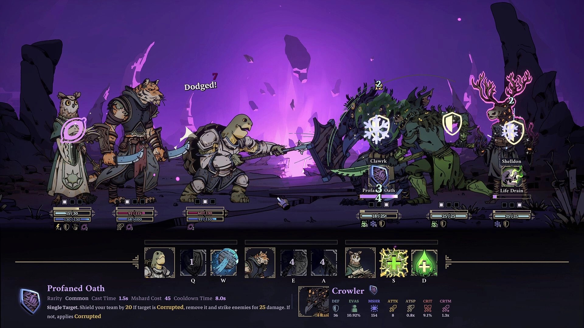 Skills & Raids: Party turn-based battle with ability bar and shields in a purple void battlefield.