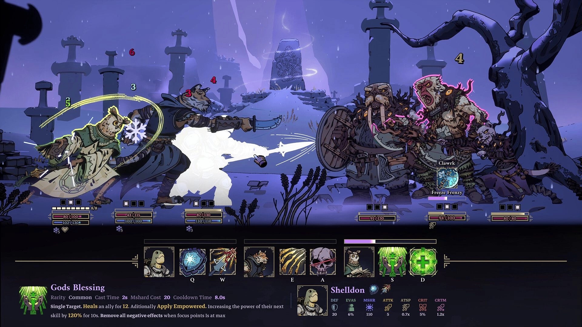 Skills & Raids: Party turn combat with skill hotbar and HP bars in a snowy graveyard battle scene.