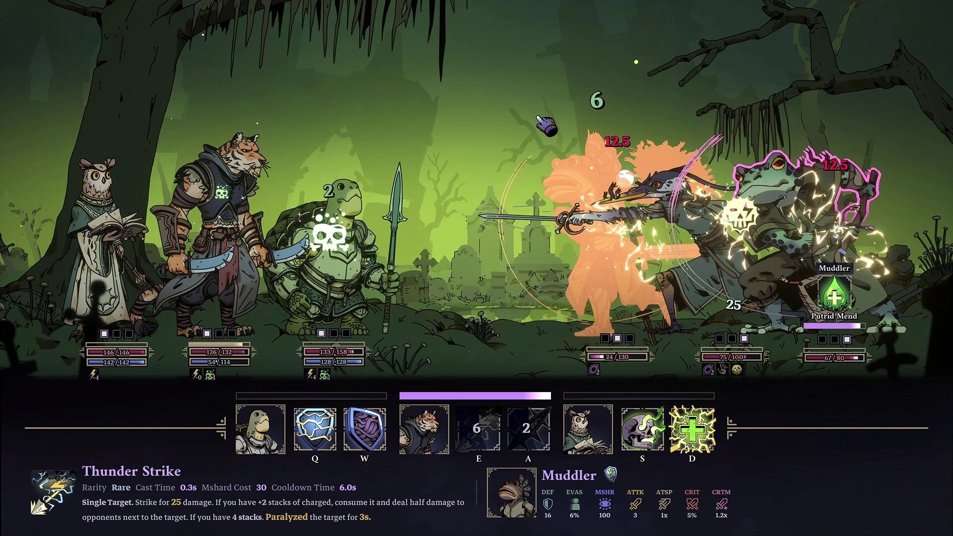 Skills & Raids: Party turn-based battle hitting a frog Muddlers in a murky swamp, skill bar visible.