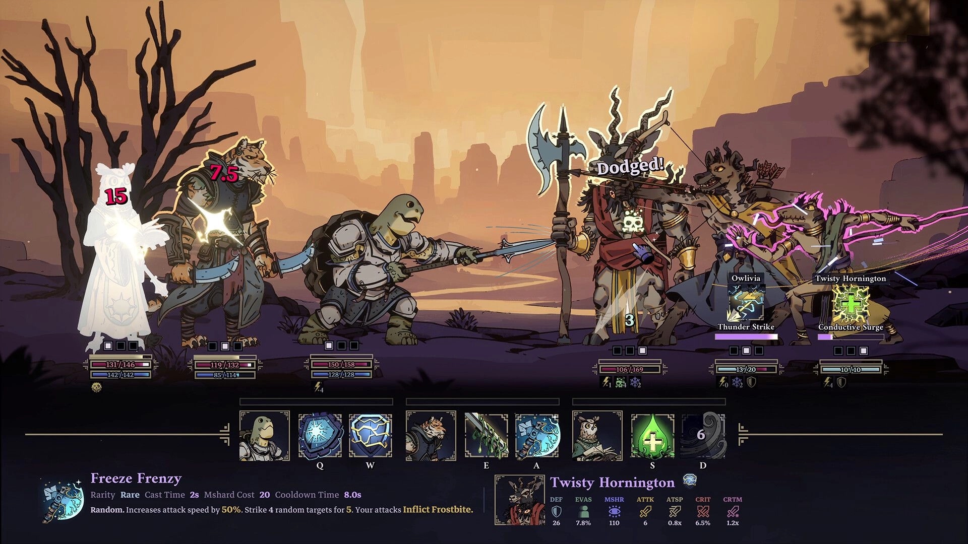 Skills & Raids: Party battles beast foes with ability hotbar and health bars in desert ruins at dusk.