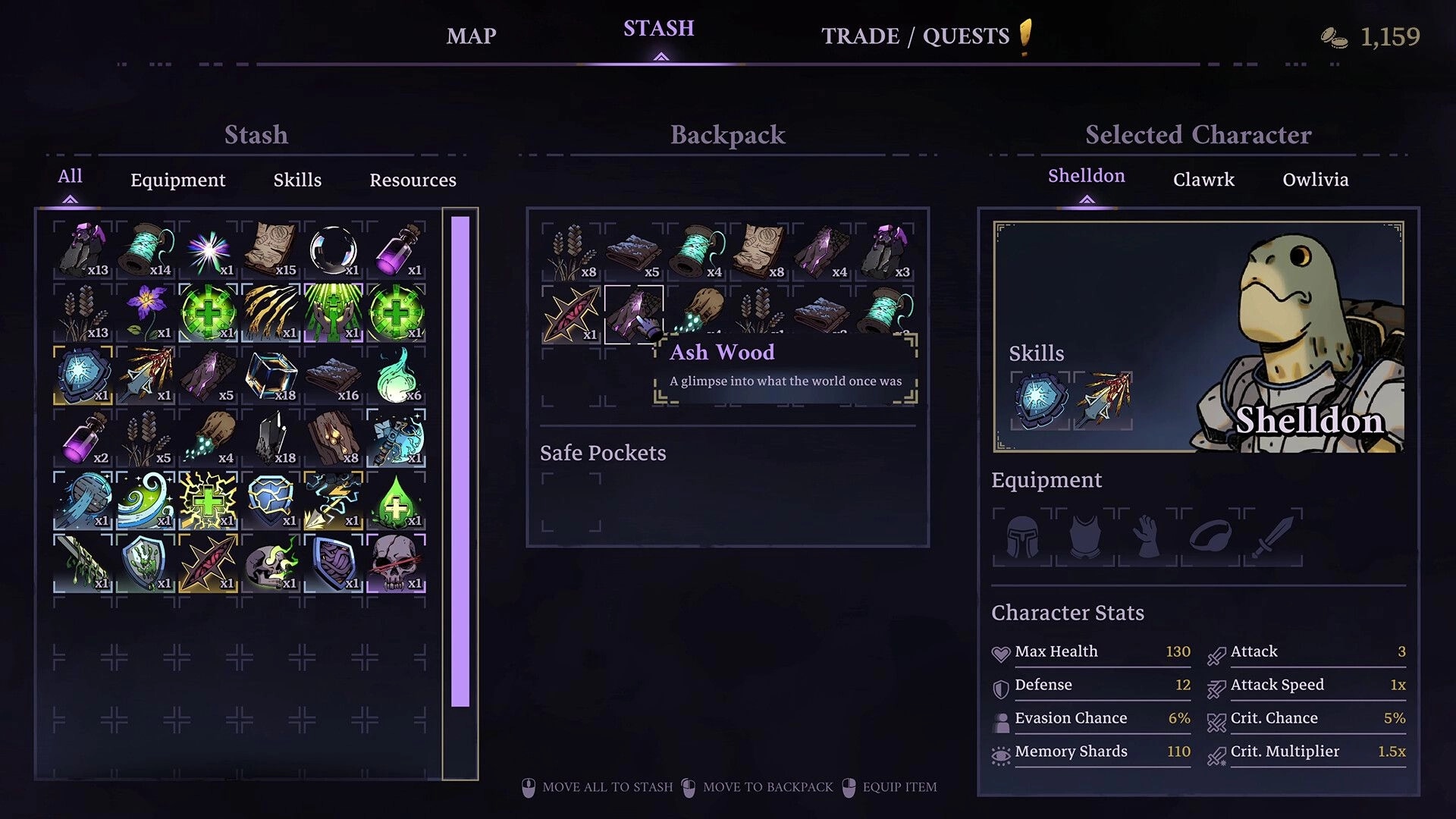 Skills & Raids: Stash and backpack inventory grid with loot and Sheldon stats panel in menu UI.