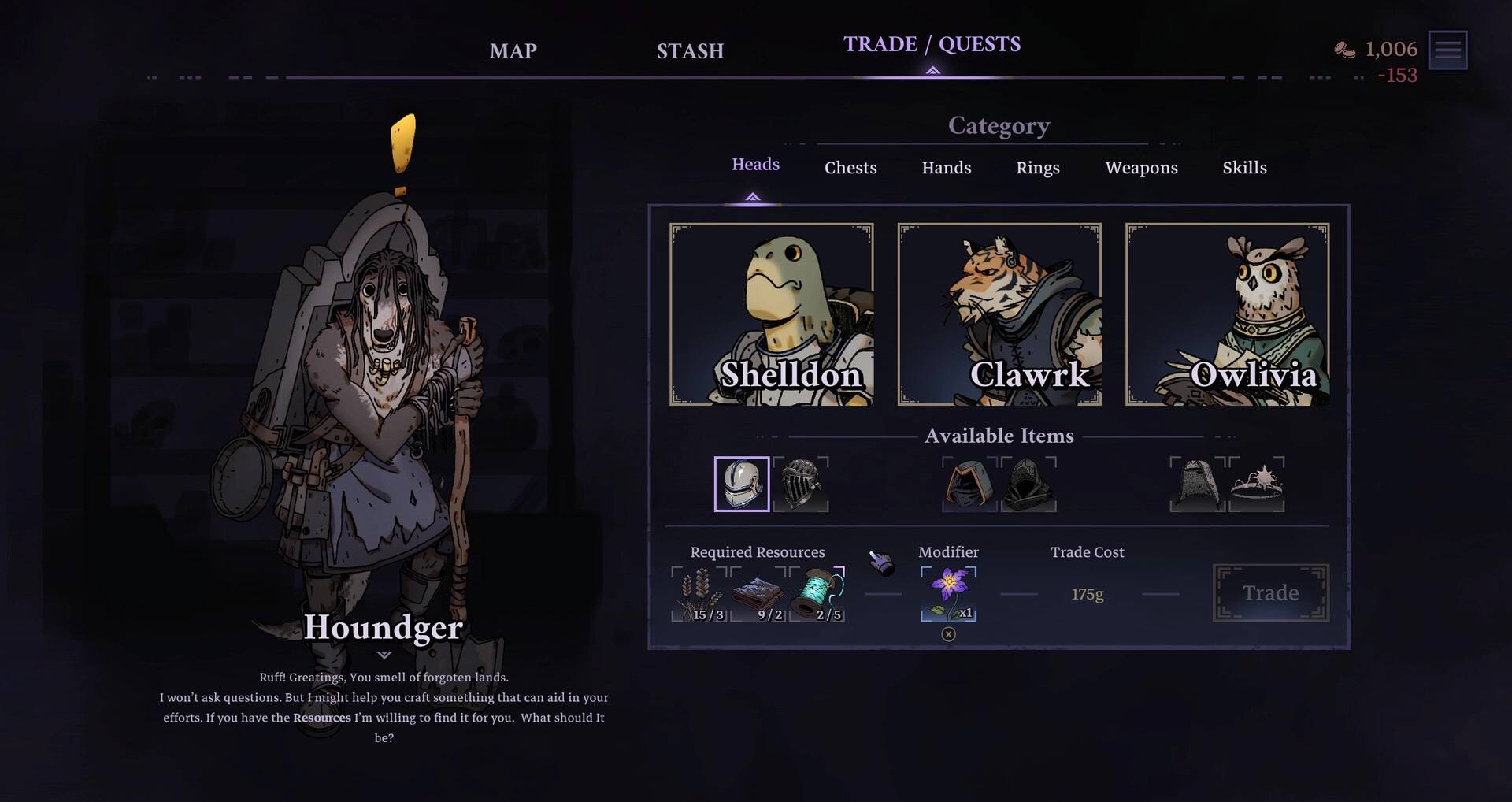 Skills & Raids: Trade/quests menu with Houndger vendor and head gear offers in dark UI screen.