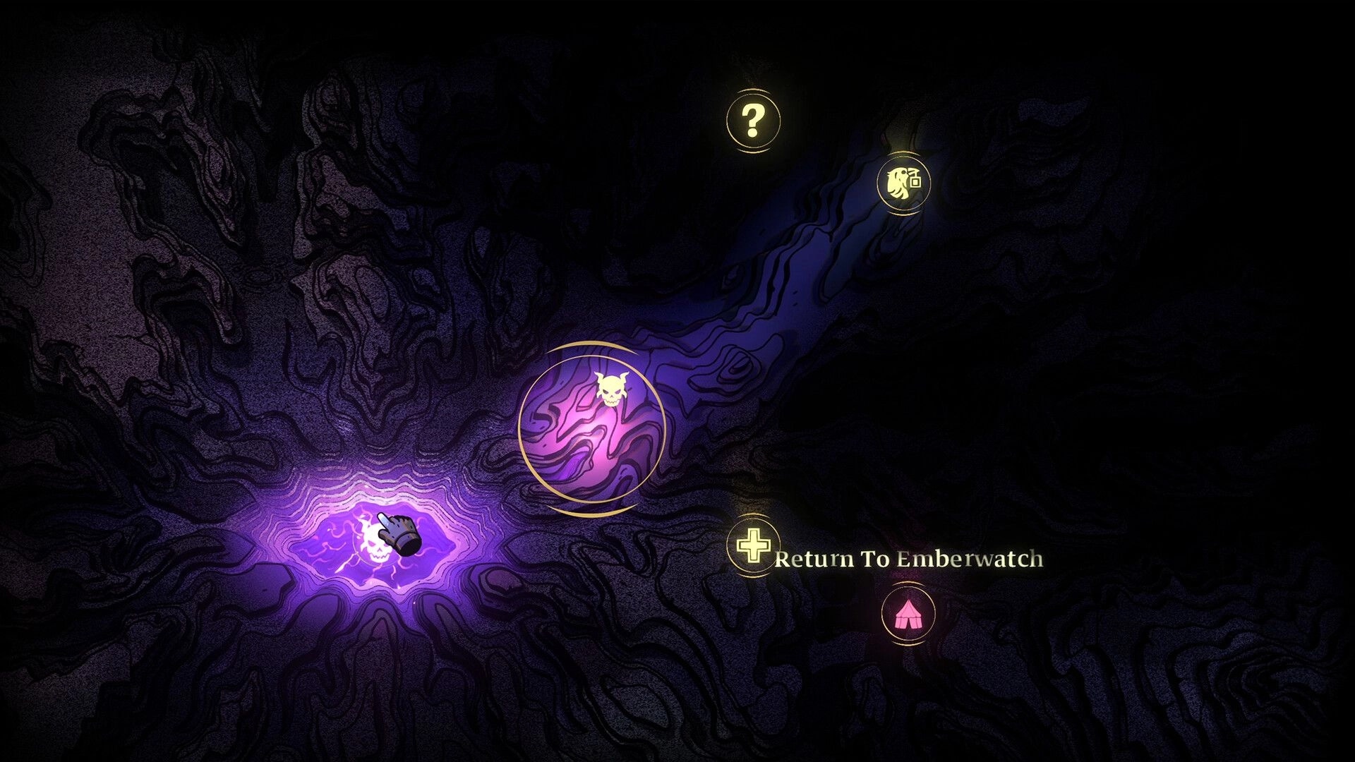 Skills & Raids: World map with skull-marked node and Return To Emberwatch prompt on dark terrain.