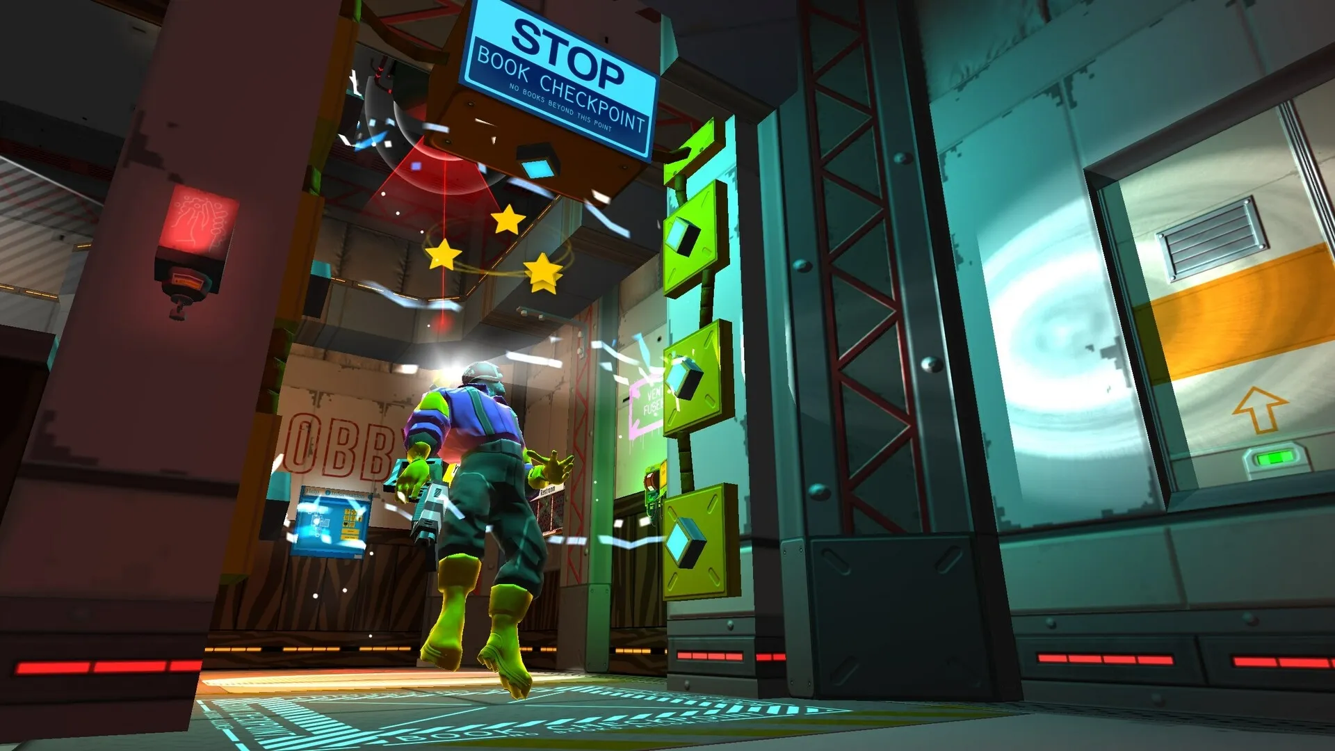 Skin Deep: Character approaches book checkpoint in a colorful, futuristic starship corridor.