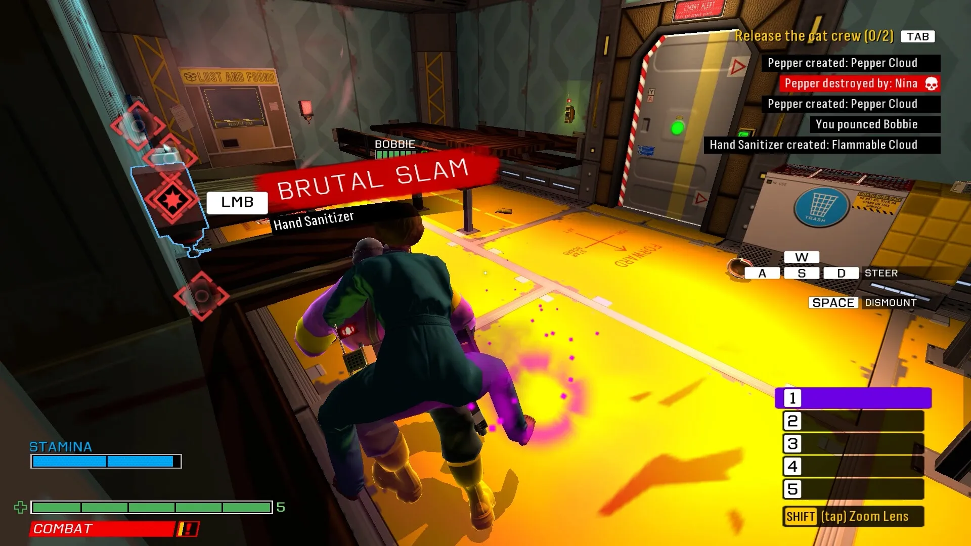 Skin Deep: Player performs "Brutal Slam" on enemy in yellow-lit corridor with UI and controls visible