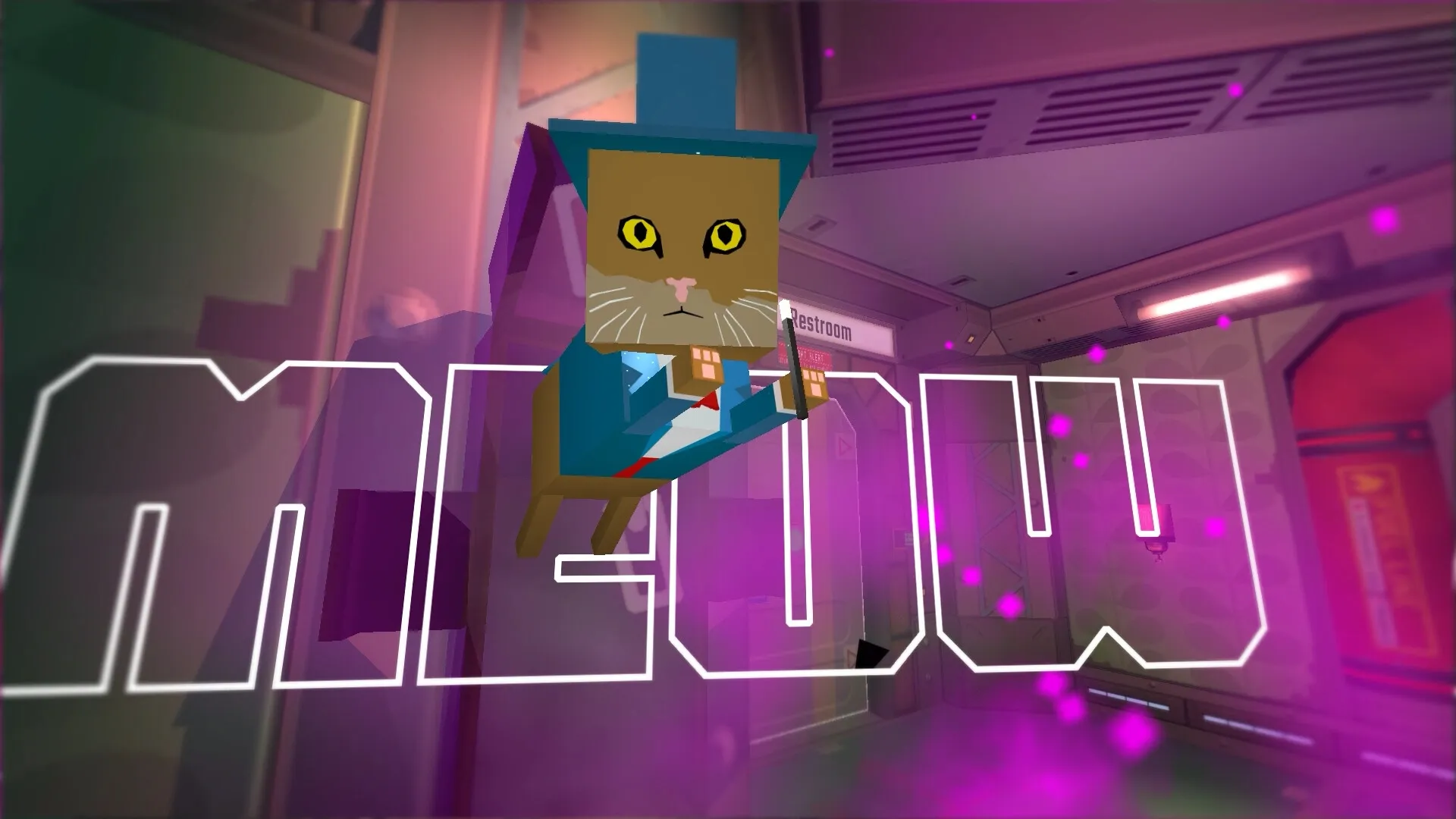 Skin Deep: Cartoon cat in tuxedo leaps in colorful starship corridor with large "MEOW" text overlay