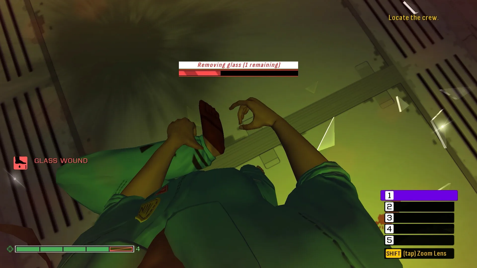 Skin Deep: Character removing glass from foot in spaceship with health and inventory UI elements displayed