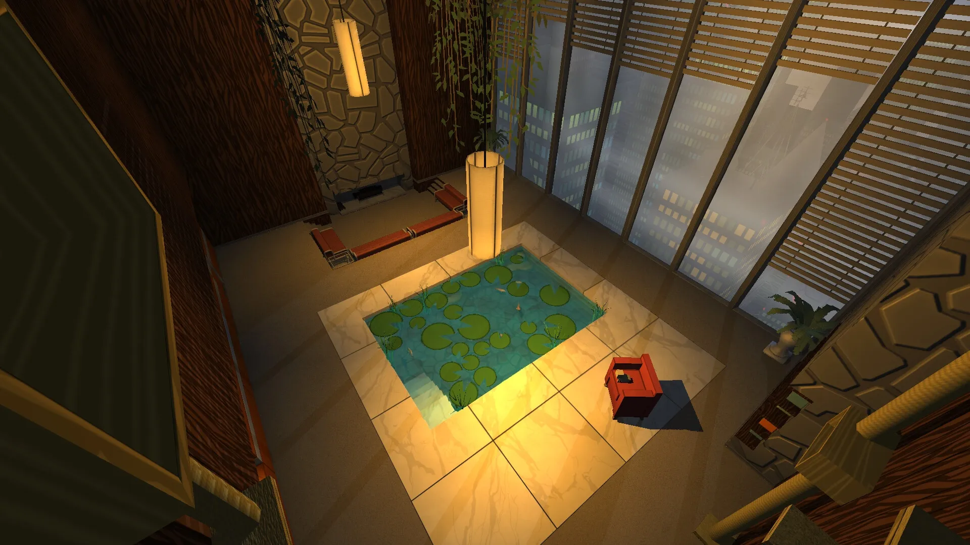 Skin Deep: Luxurious starship lounge with indoor pond, large windows, and modern decor