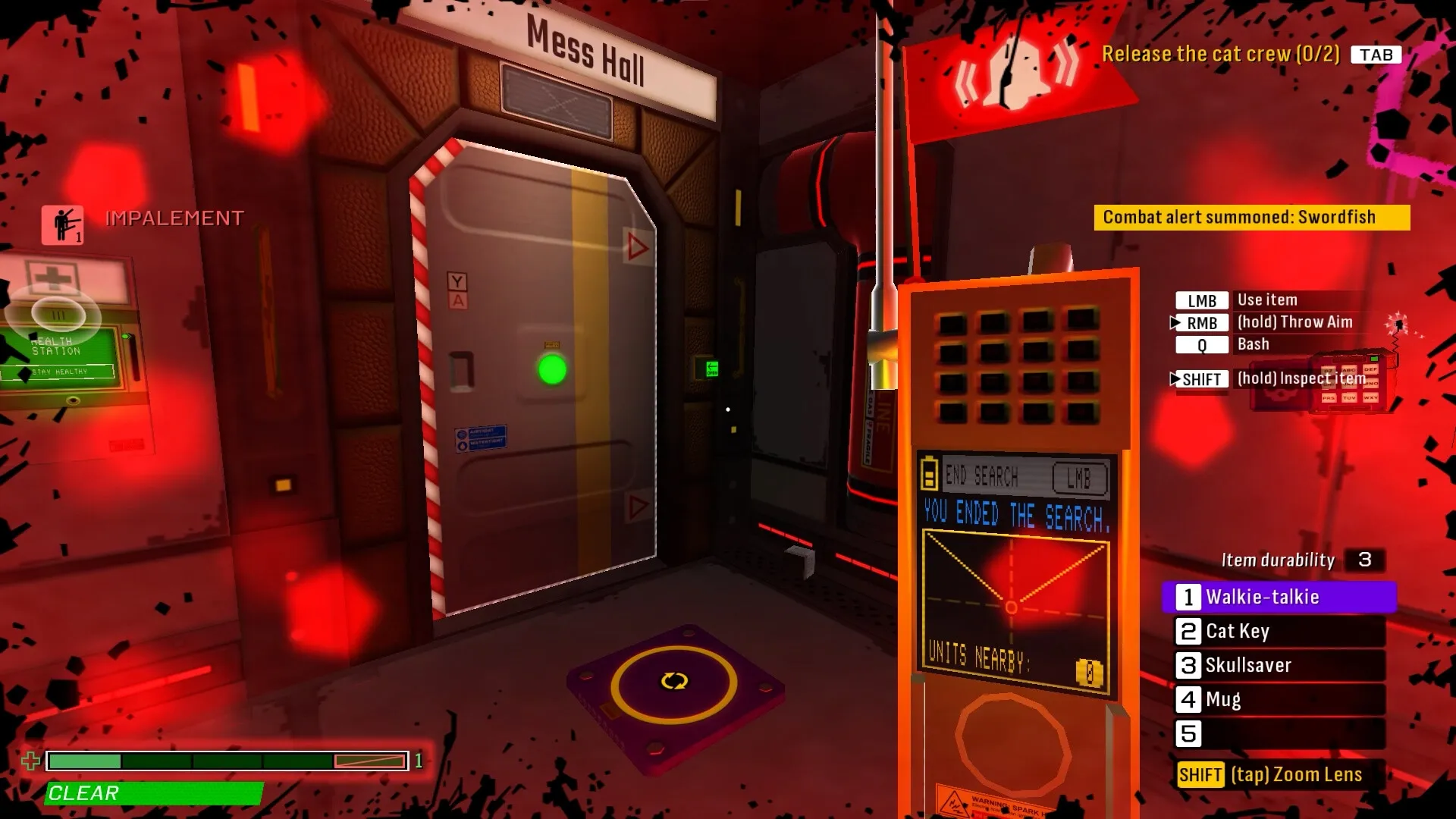Skin Deep: Mess Hall door with health station, alert messages, and inventory menu in space setting