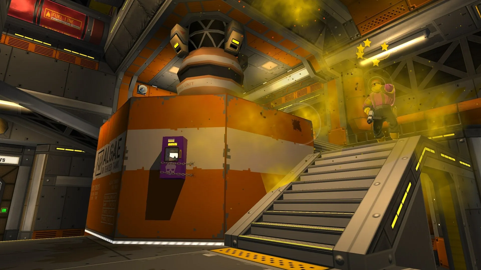 Skin Deep: Character in gas mask ascends stairs in industrial starship filled with yellow gas