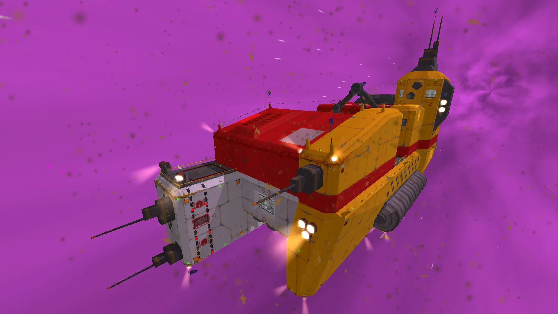 Skin Deep: Yellow and red starship traversing a vibrant purple nebula in open space environment