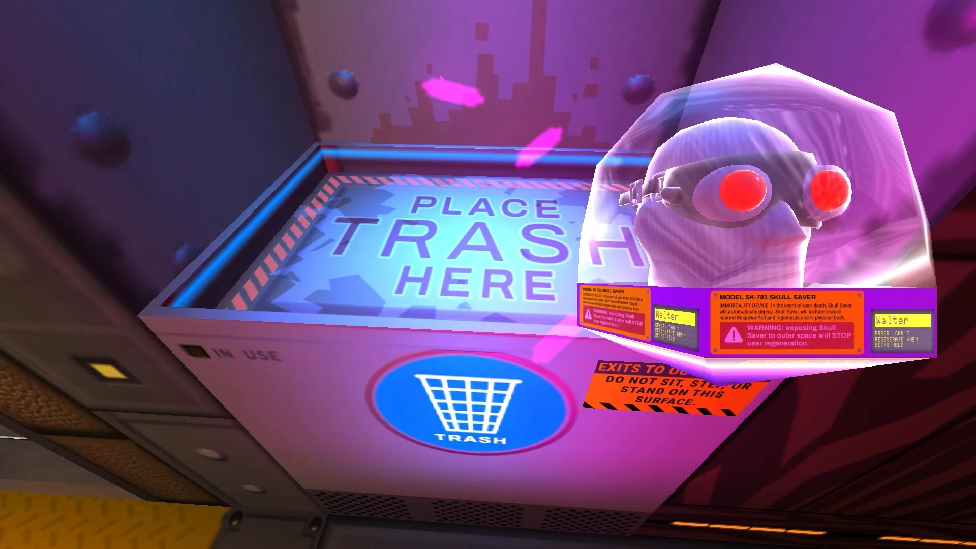 Skin Deep: Walter's skull saver hovering above trash disposal unit in a starship corridor