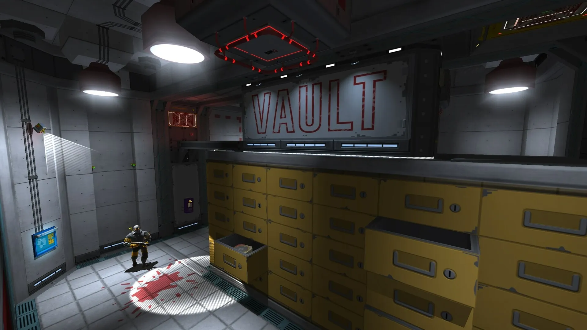 Skin Deep: Player stands in vault room with yellow cabinets and bloodstain under bright ceiling lights