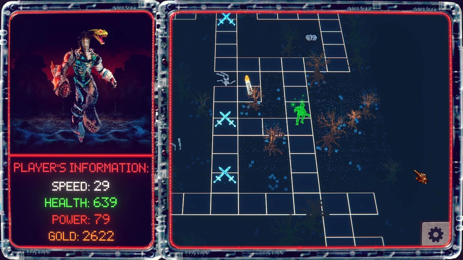 Skinator: Player stats panel beside grid map with green unit and crossed-swords markers in dark terrain.