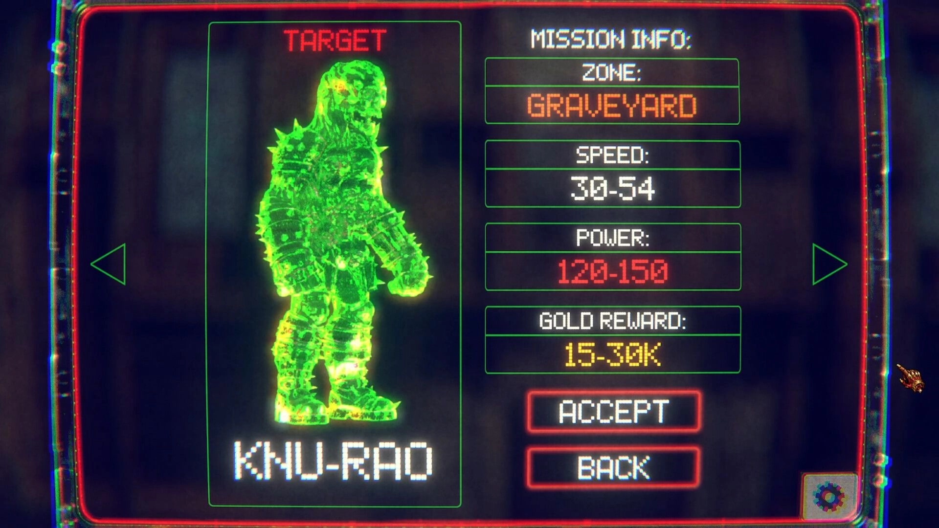 Skinator: Target selection menu with green hologram KNU-RAD and Graveyard mission stats screen.