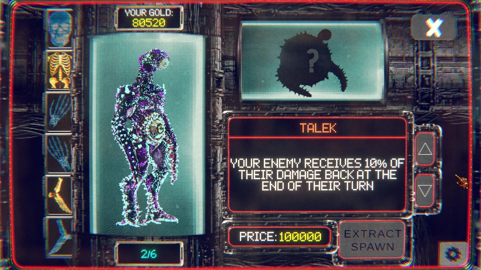 Skinator: Upgrade shop screen with mutant body preview, Talek perk text, and gold counter UI.