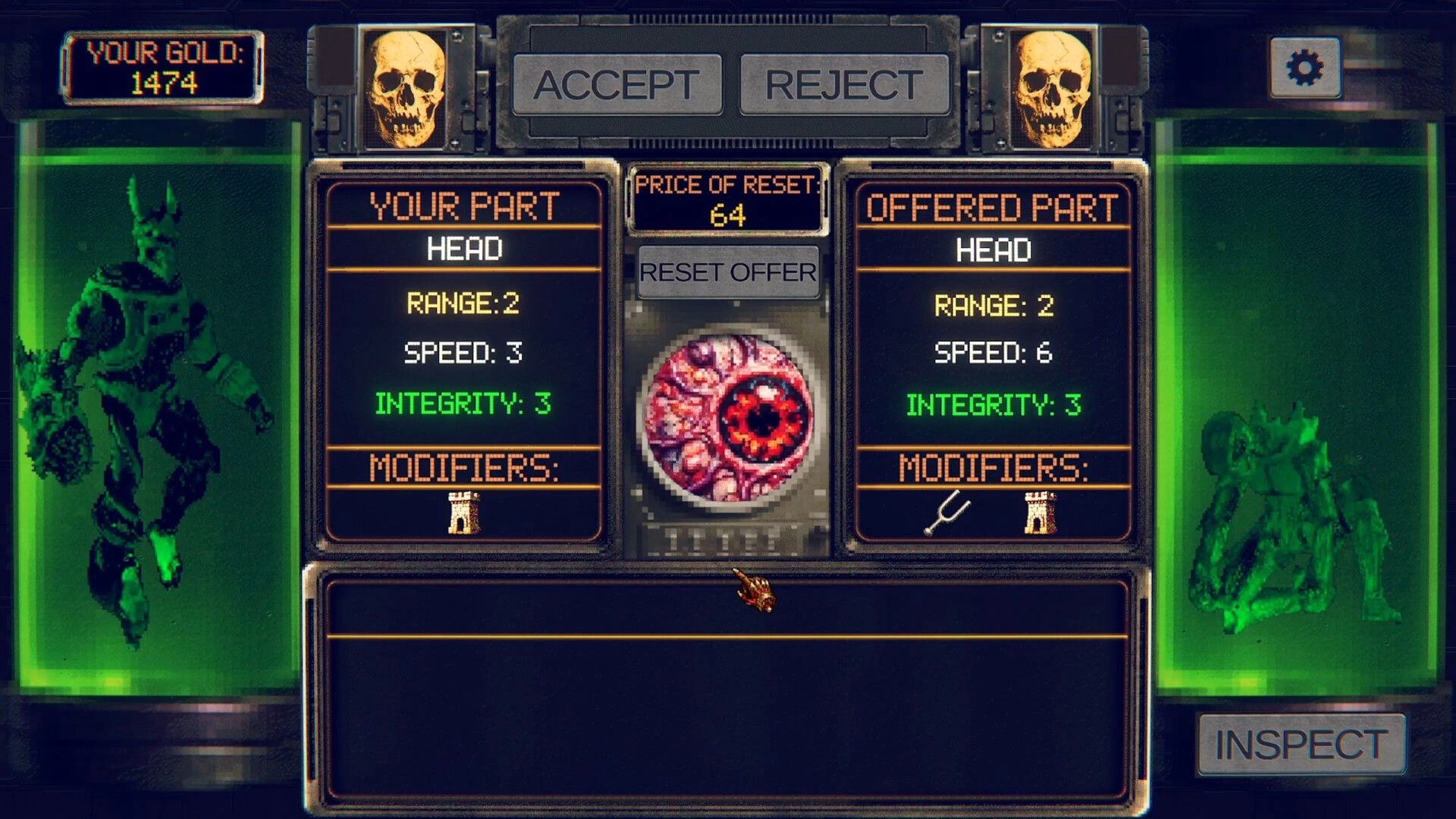 Skinator: Trade screen comparing head parts with stats, accept/reject buttons, green lab tanks background.