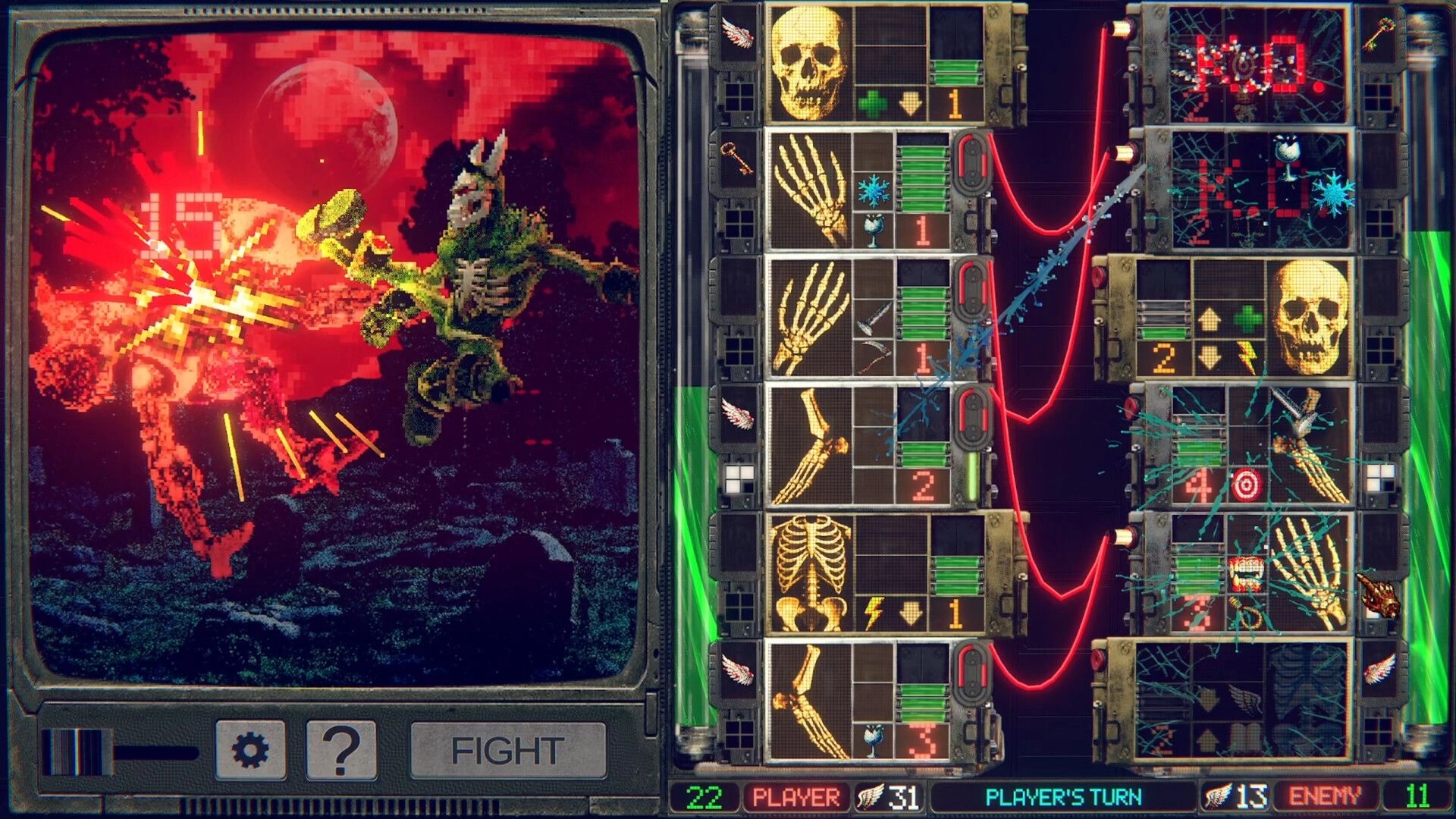 Skinator: Turn-based fight with a skeletal monster punching a red foe, limb grid UI and FIGHT button.