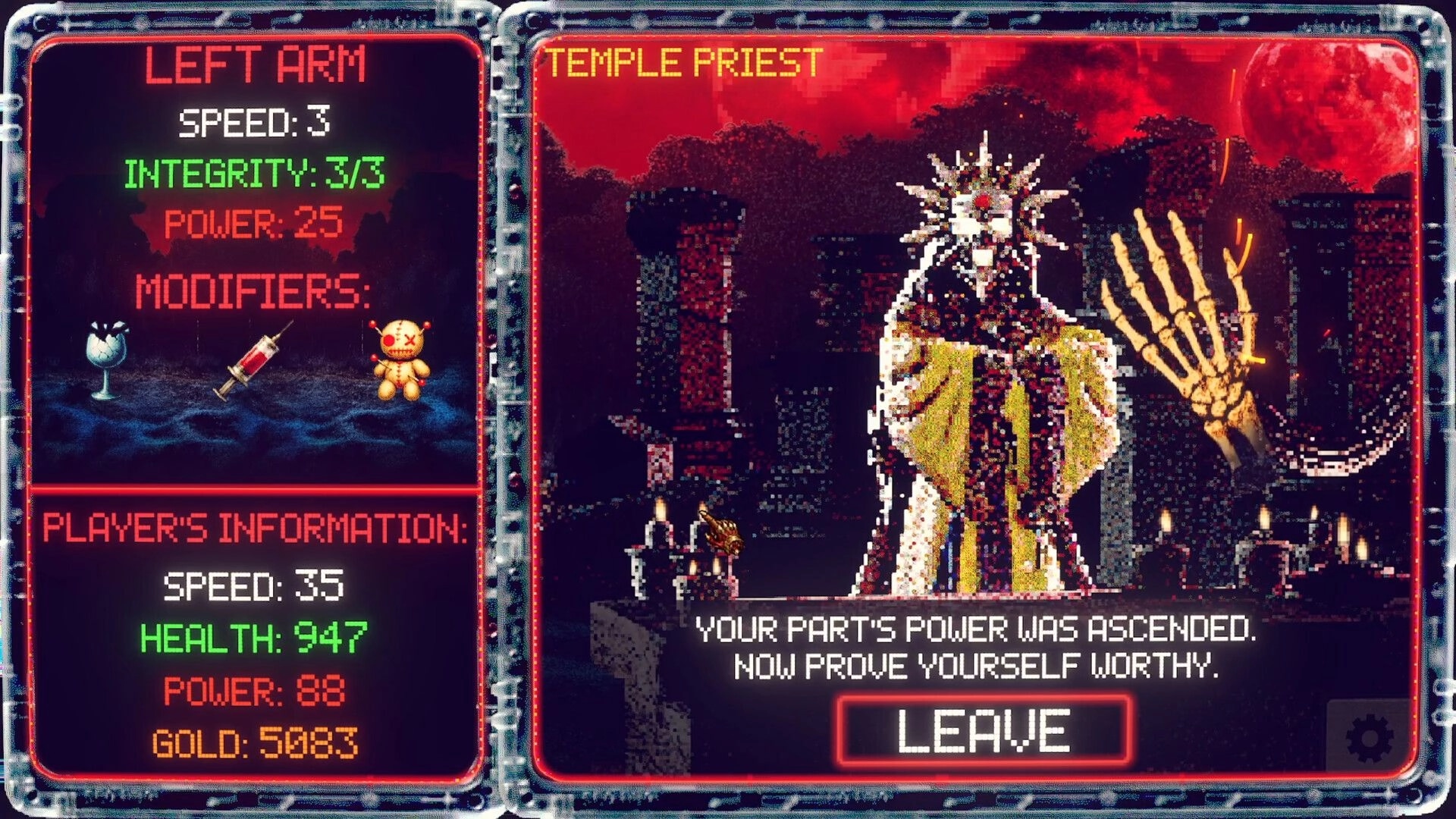 Skinator: Left Arm stats panel and modifiers beside Temple Priest dialogue in crimson temple scene.