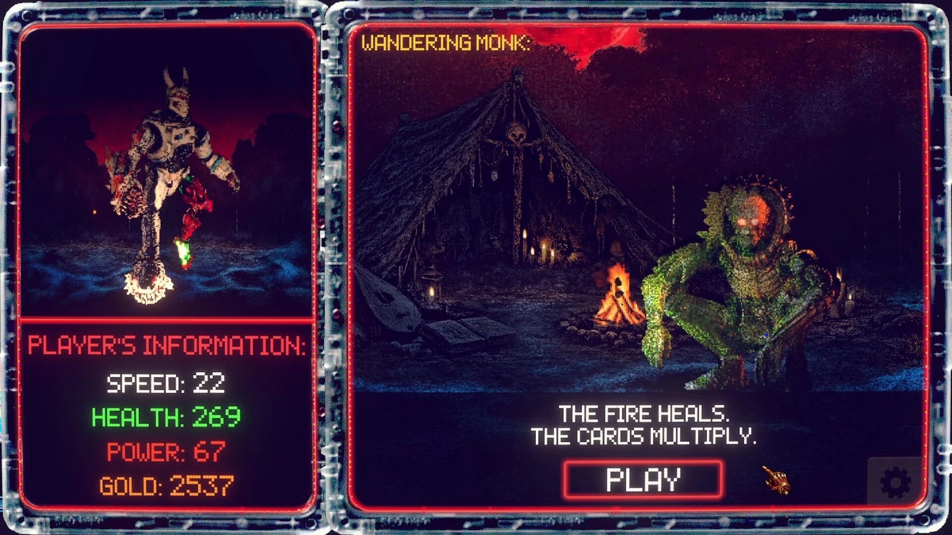 Skinator: Wandering Monk event screen with player stats panel and campfire scene with Play button.
