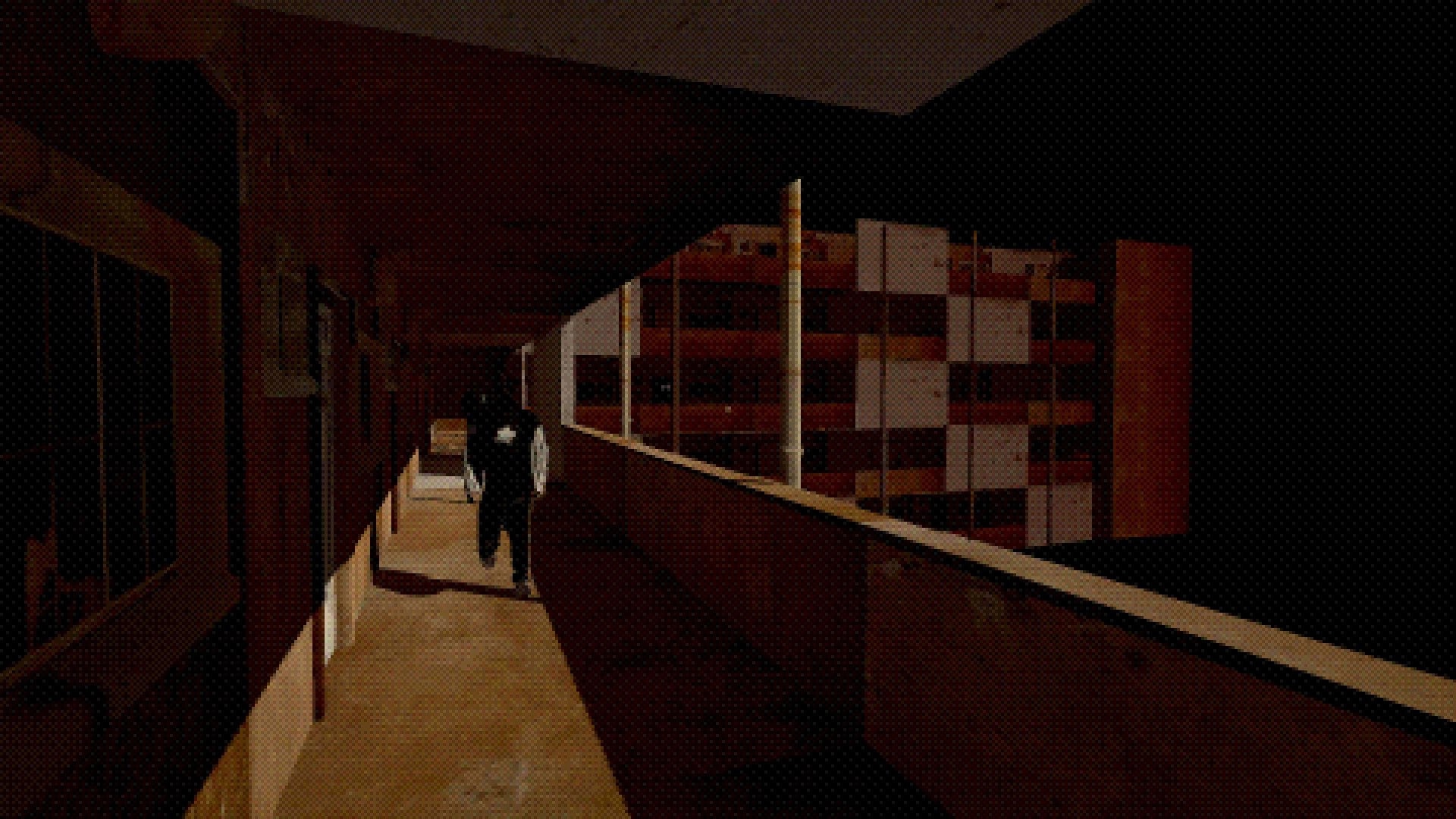 SKINFACE: Third-person view of a suited man running along a dim apartment corridor walkway at night.