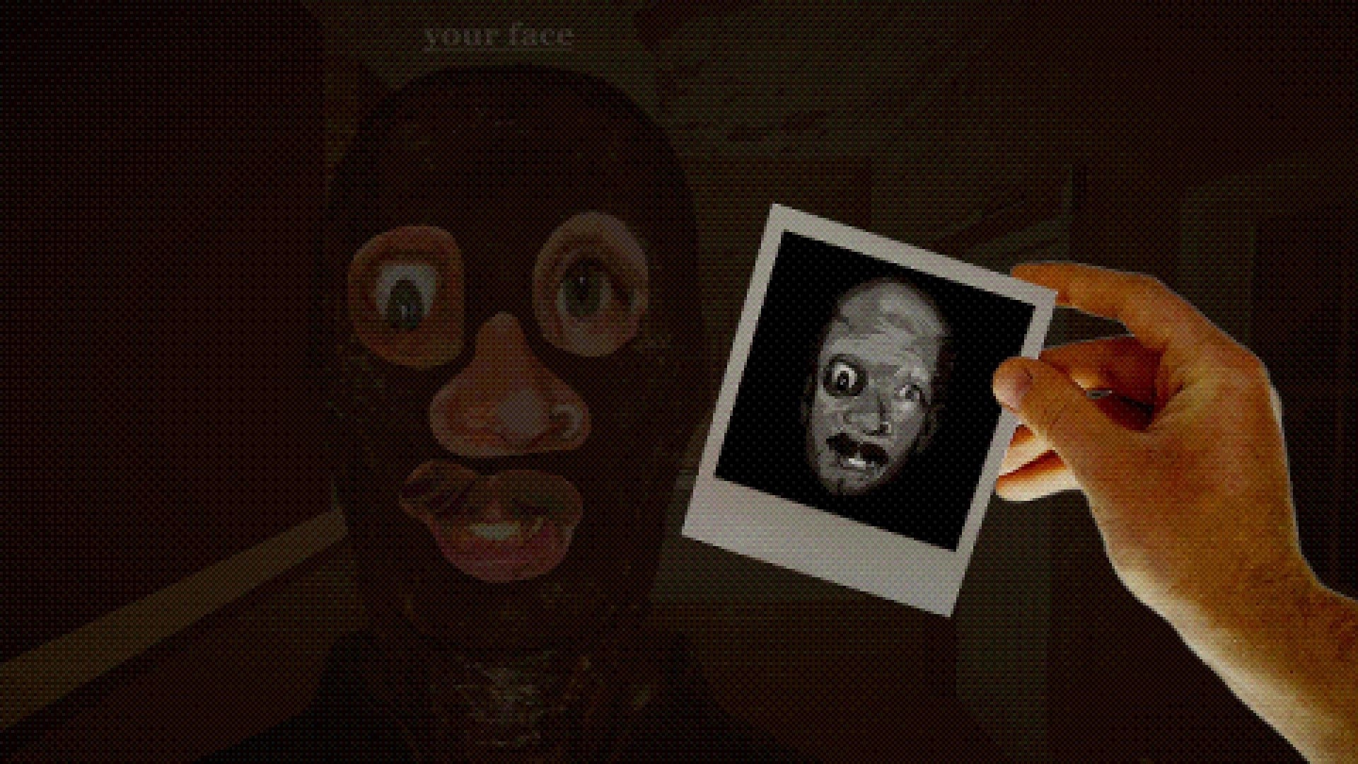 SKINFACE: Holding a Polaroid face photo beside a patchwork mask in a dim apartment hallway.