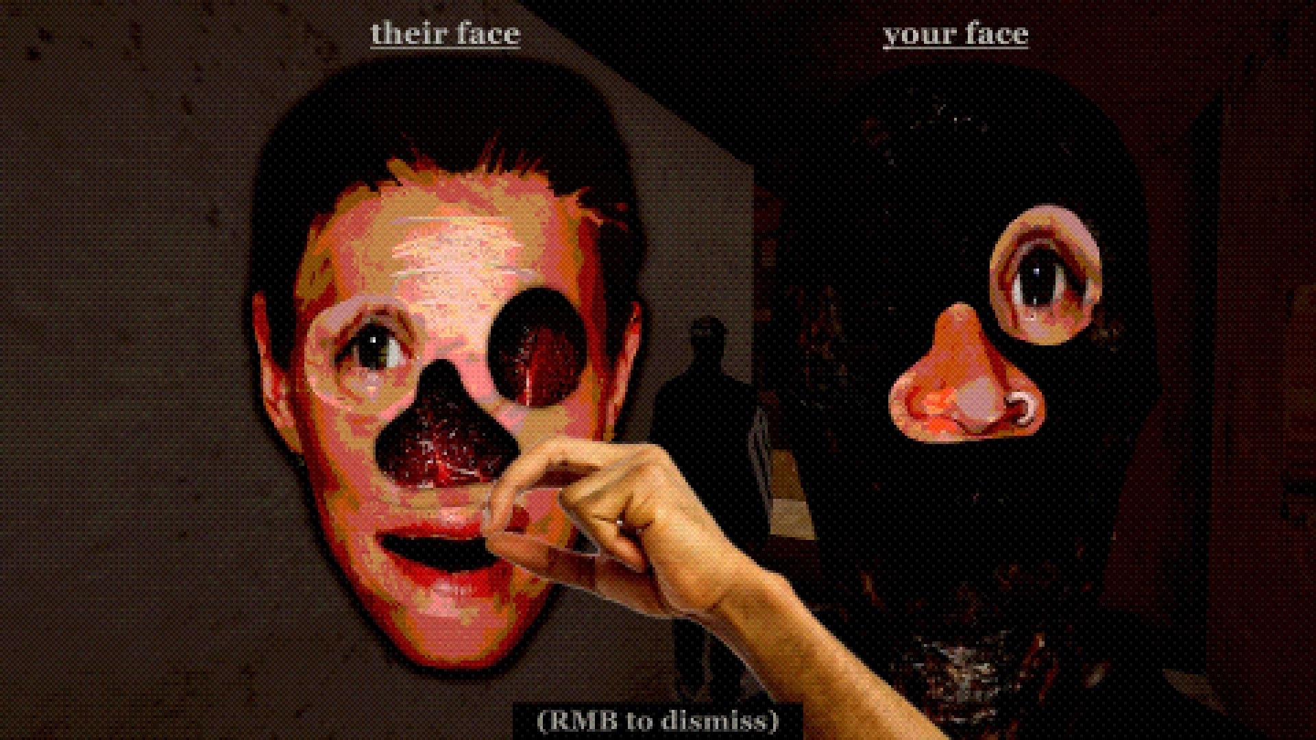 SKINFACE: Face swap UI with “their face” and “your face” masks and RMB dismiss prompt menu.