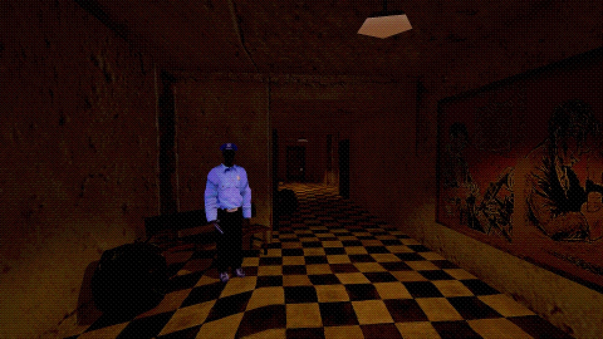 SKINFACE: Police guard with baton walks past a body in dim corridor with checkered floor and mural.