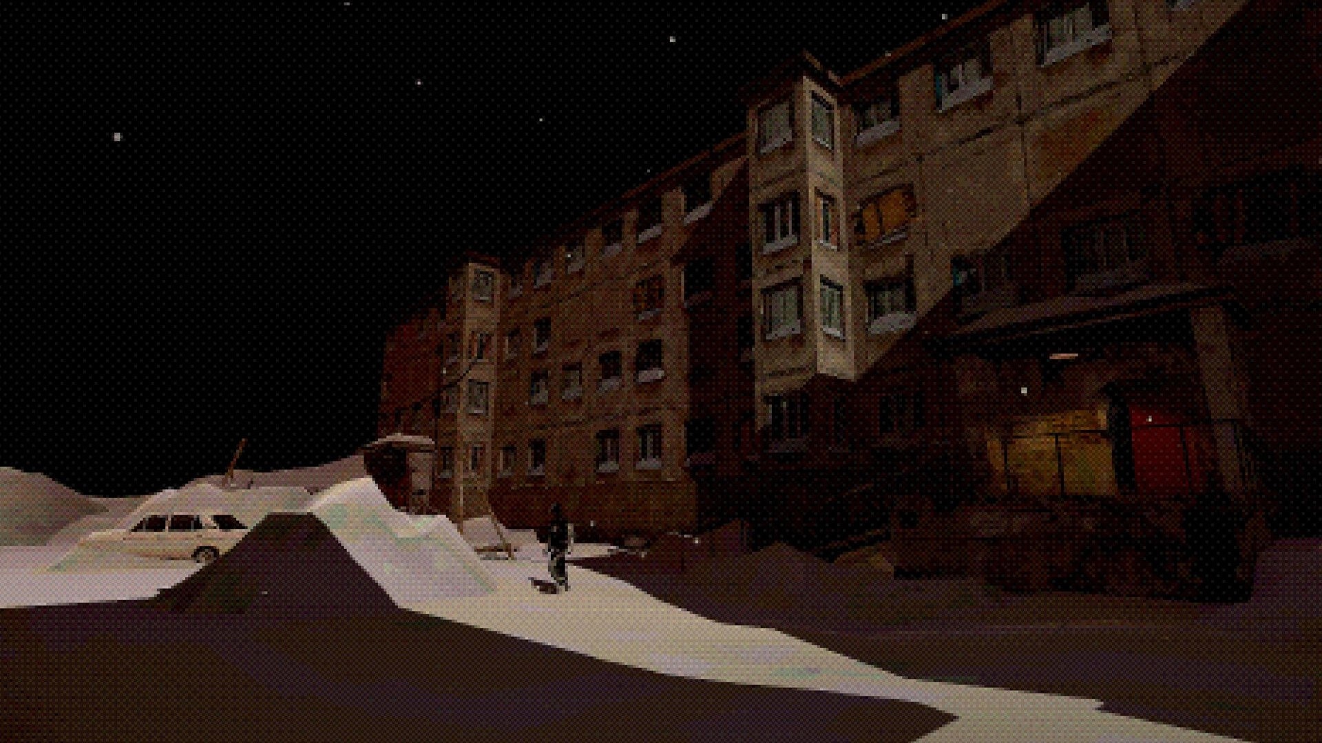 SKINFACE: Lone figure trudges through snowdrifts beside a grim apartment block at night courtyard.