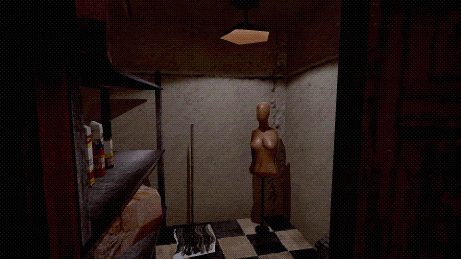 SKINFACE: First-person view of a mannequin beside shelves in a grimy tiled basement room.