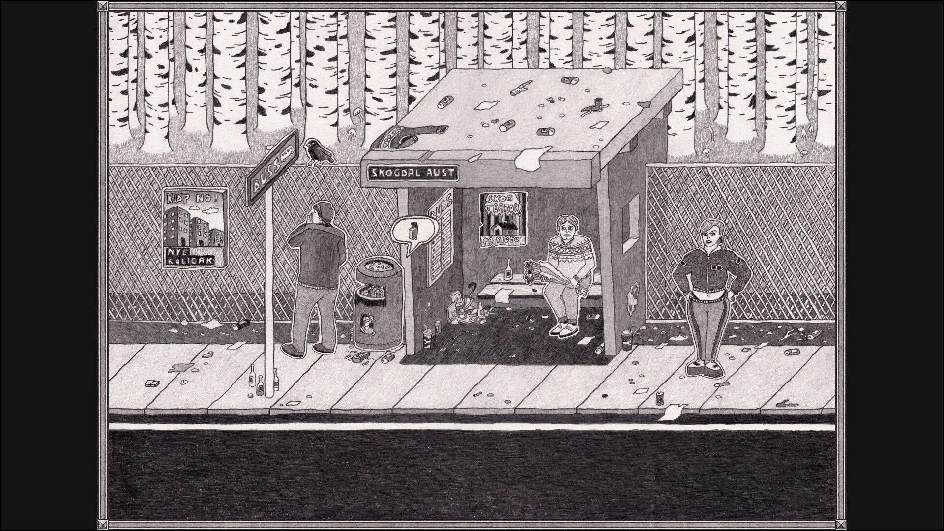 Skogdal: Three characters at a bus stop surrounded by litter and posters in a birch forest setting