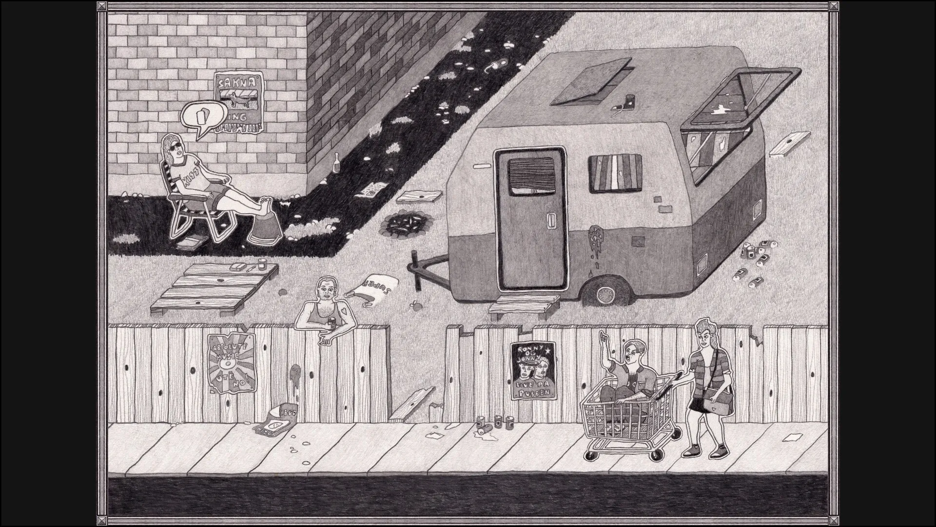 Skogdal: Characters near a caravan with one lounging, another in a cart, in a rustic 90s Norwegian setting.