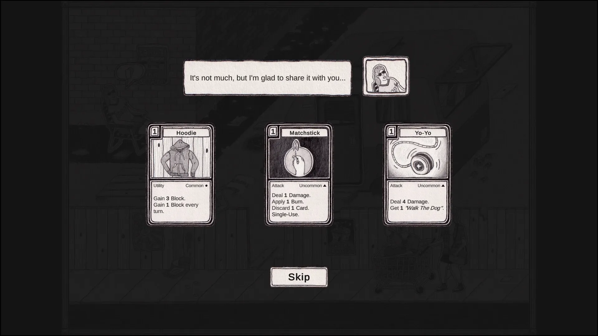 Skogdal: Player chooses between Hoodie, Matchstick, and Yo-Yo cards in a rustic Norwegian backyard.