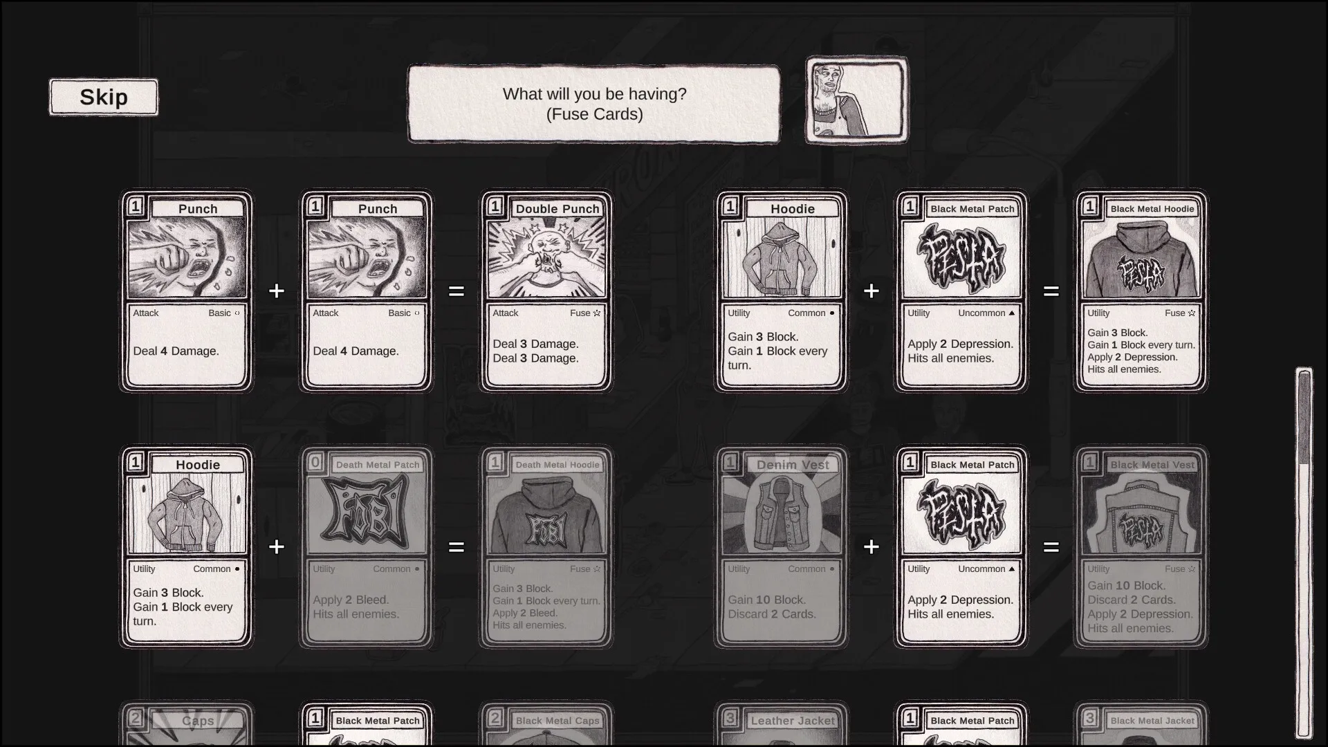 Skogdal: Card fusion menu with options to combine attack and utility cards in a rustic 90's Norwegian town.