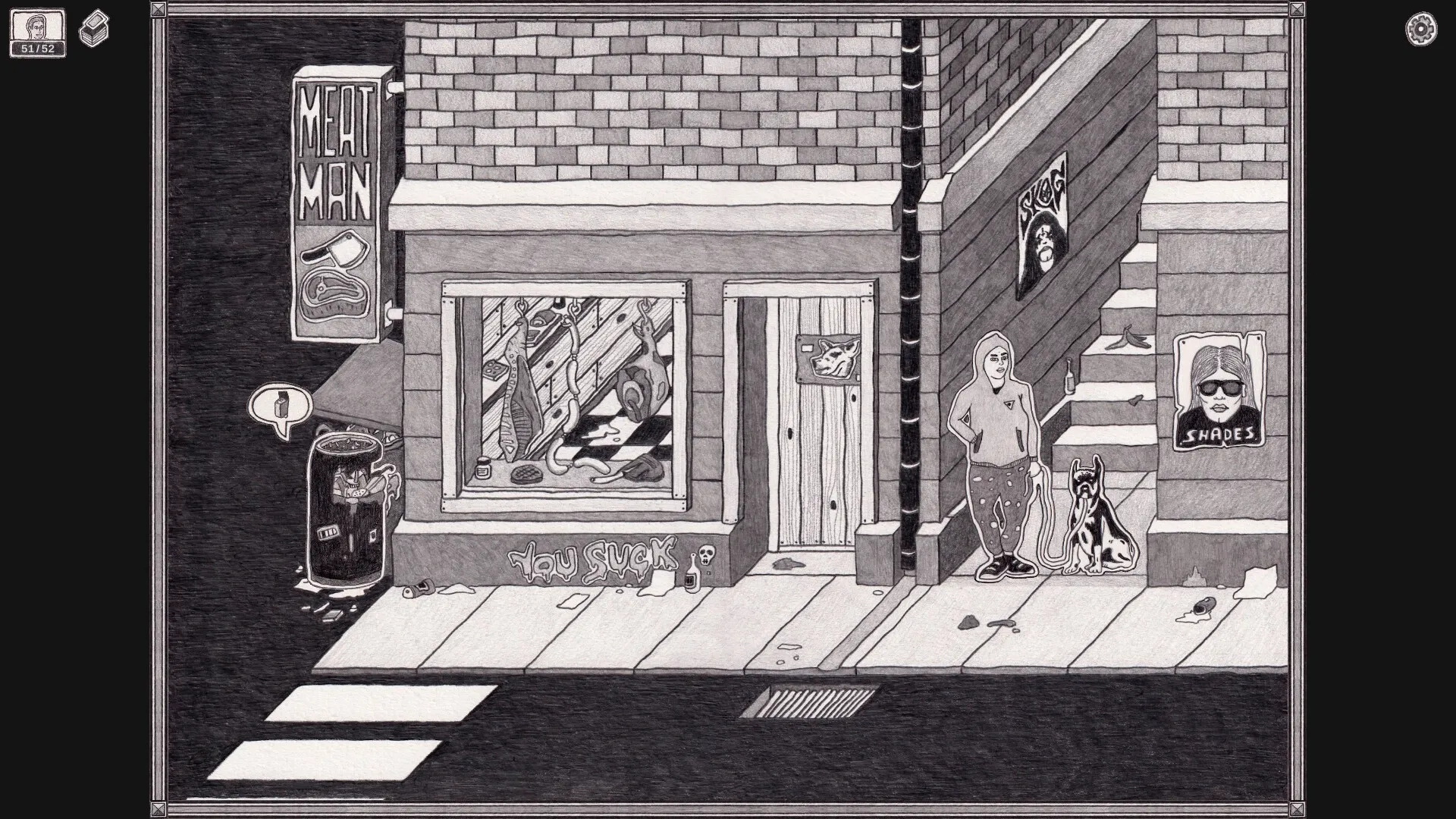 Skogdal: Street scene with graffiti, meat shop, and a character standing beside a dog in an urban setting.