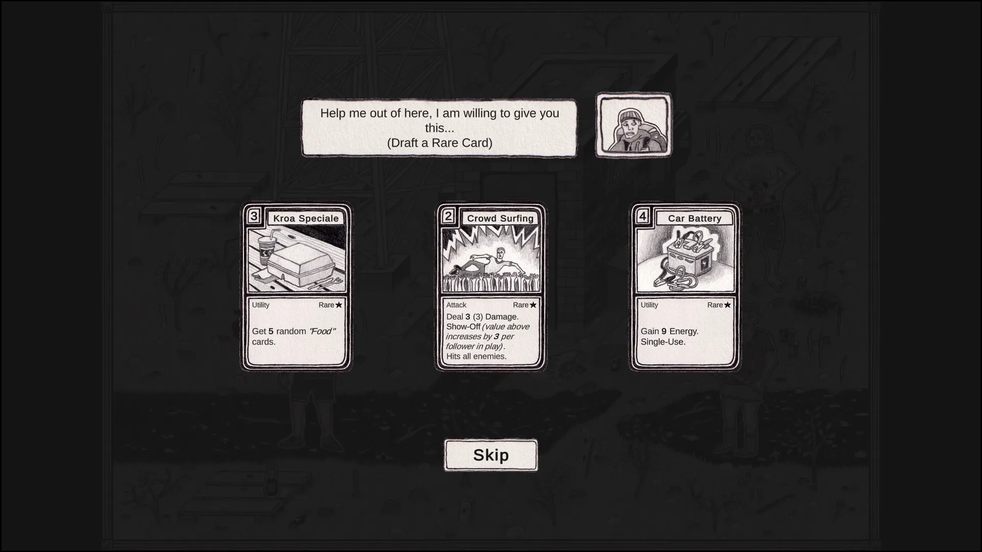 Skogdal: Draft a rare card from three options in a rustic Norwegian setting with character dialogue.