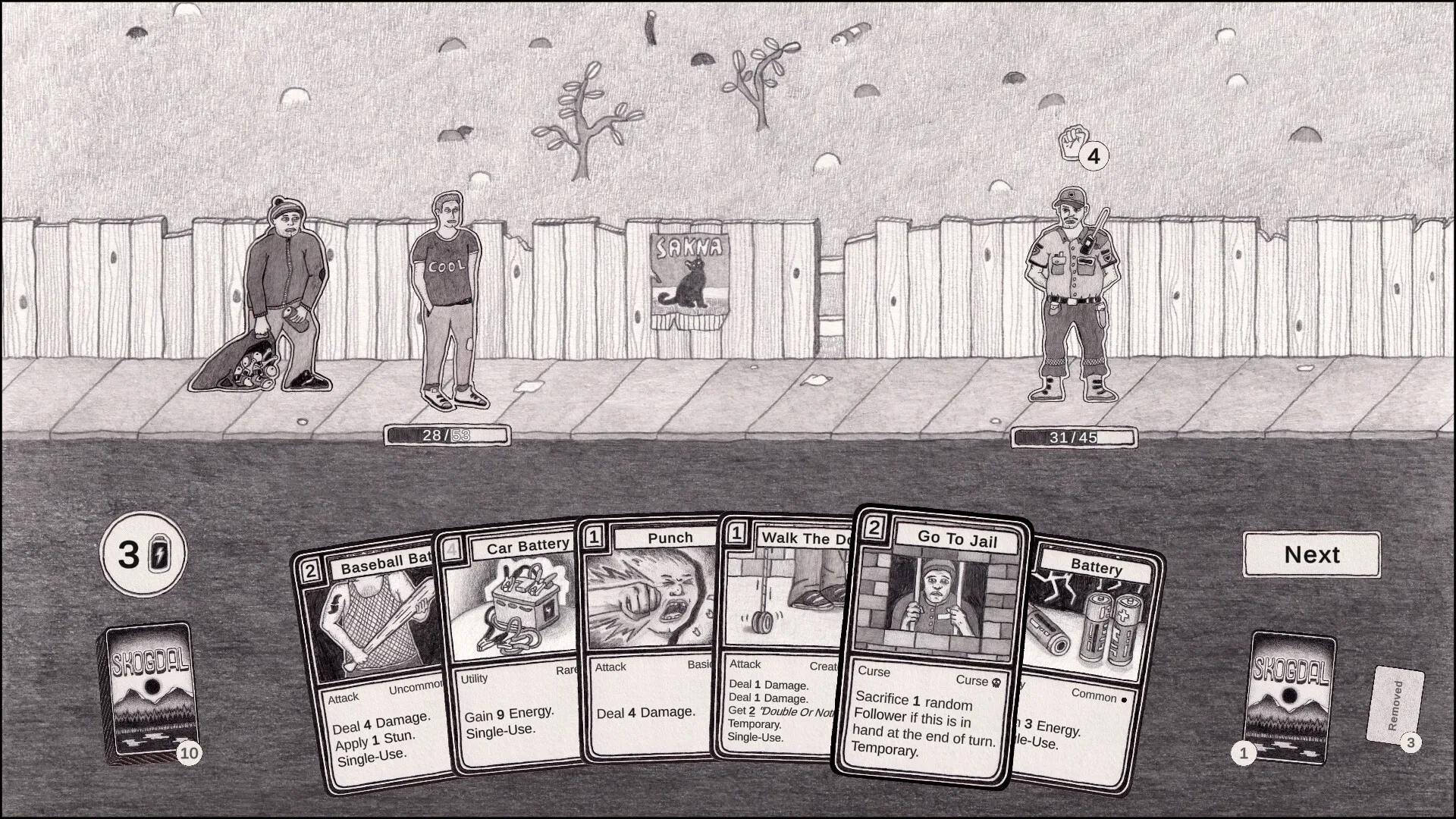 Skogdal: Card battle against two characters on a sidewalk with hand of cards and energy counter visible