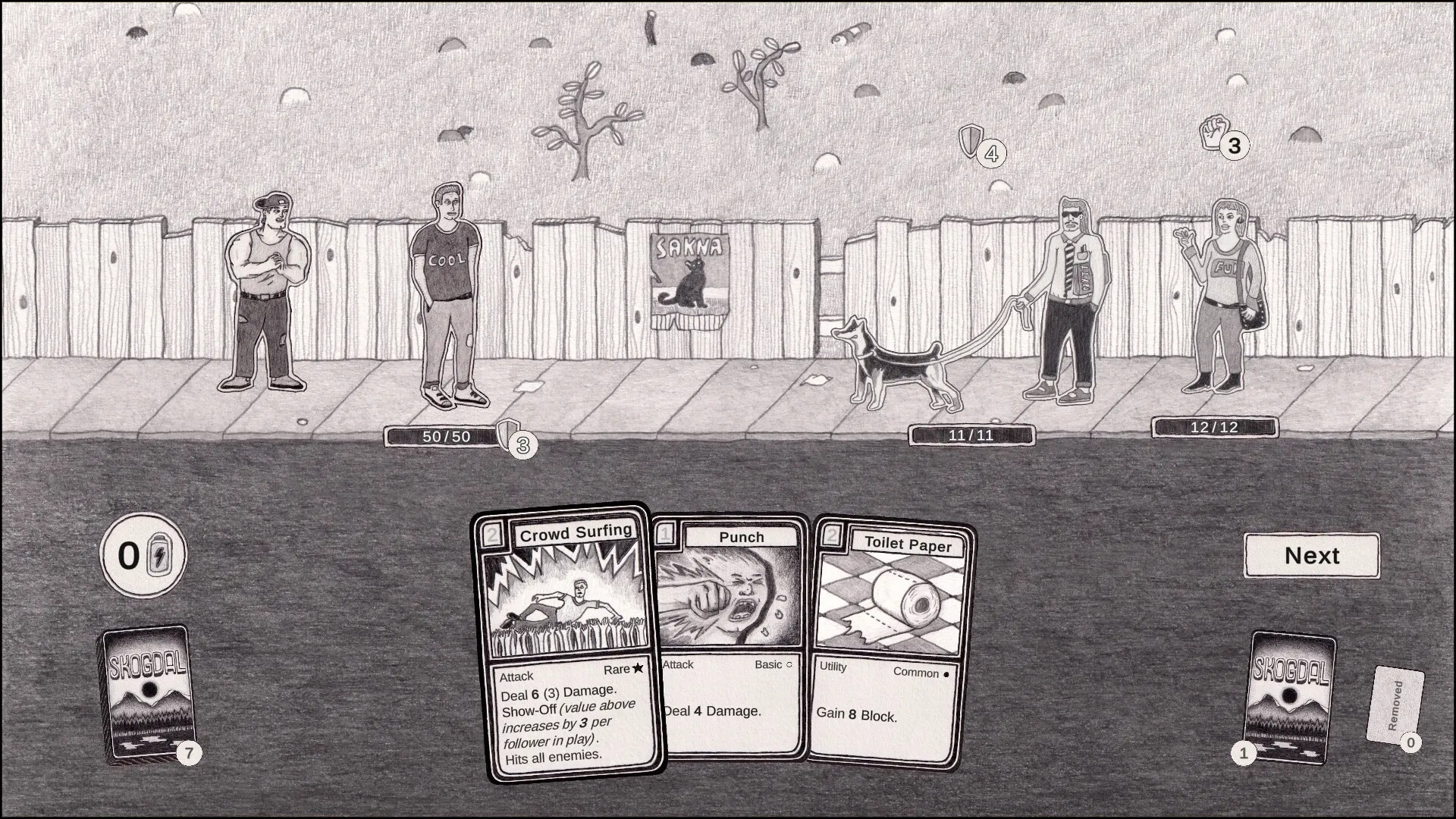 Skogdal: Combat with three characters on a sidewalk, cards "Crowd Surfing," "Punch," and "Toilet Paper" visible.