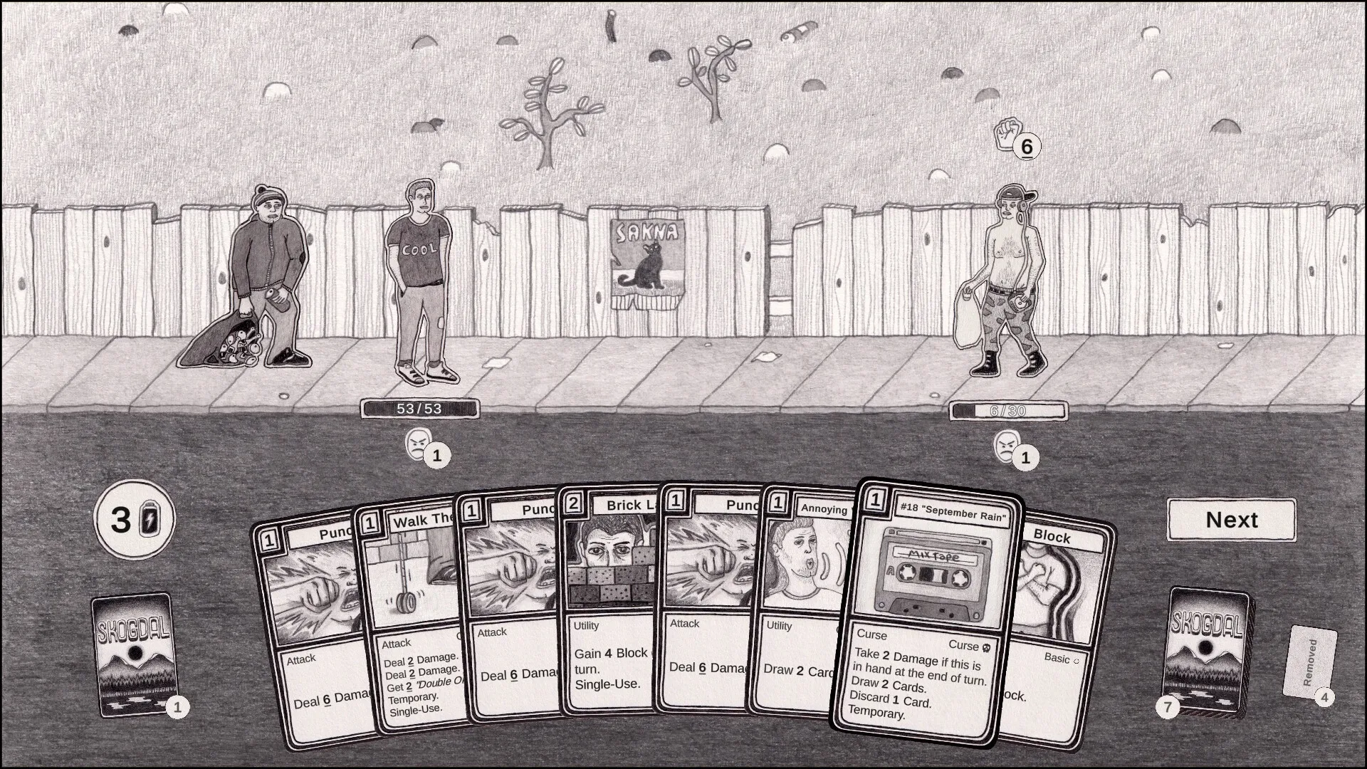 Skogdal: Combat scene with three characters on a sidewalk, displaying various attack cards below.