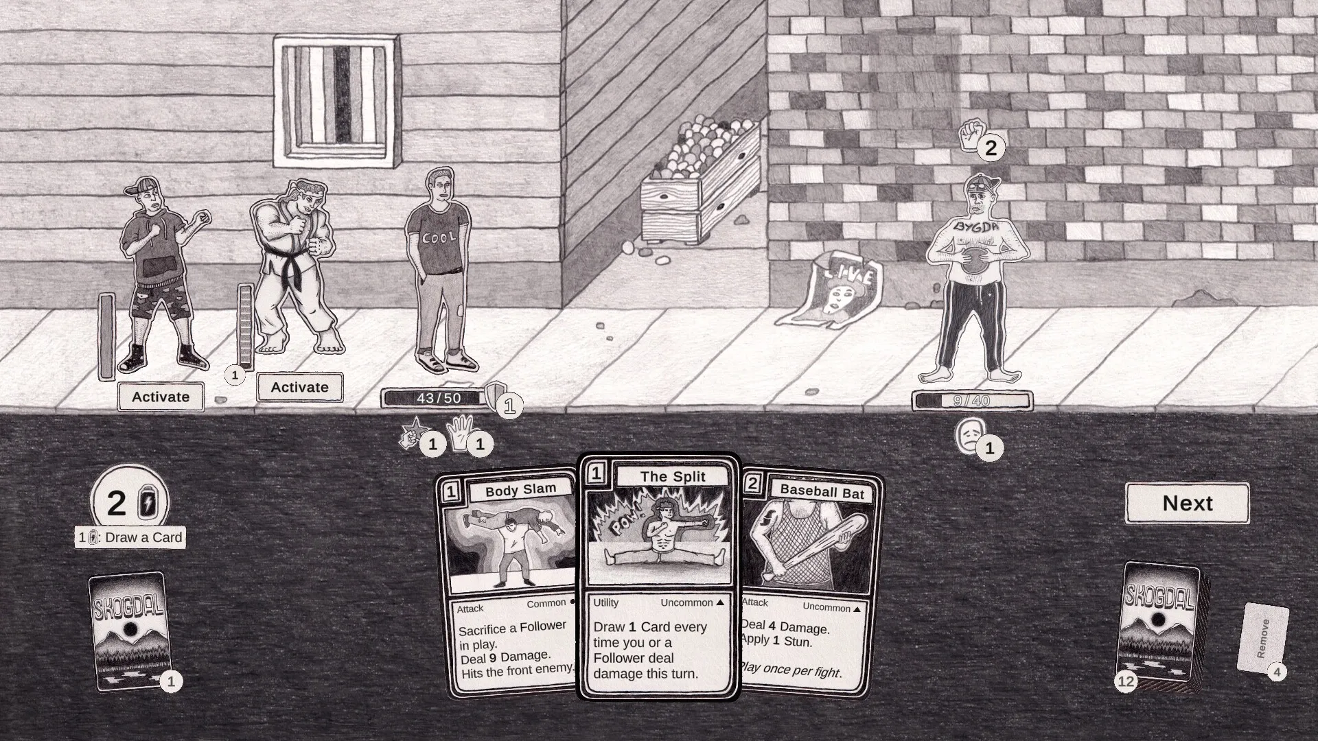 Skogdal: Combat scene with three characters and cards in a rustic Norwegian town street setting
